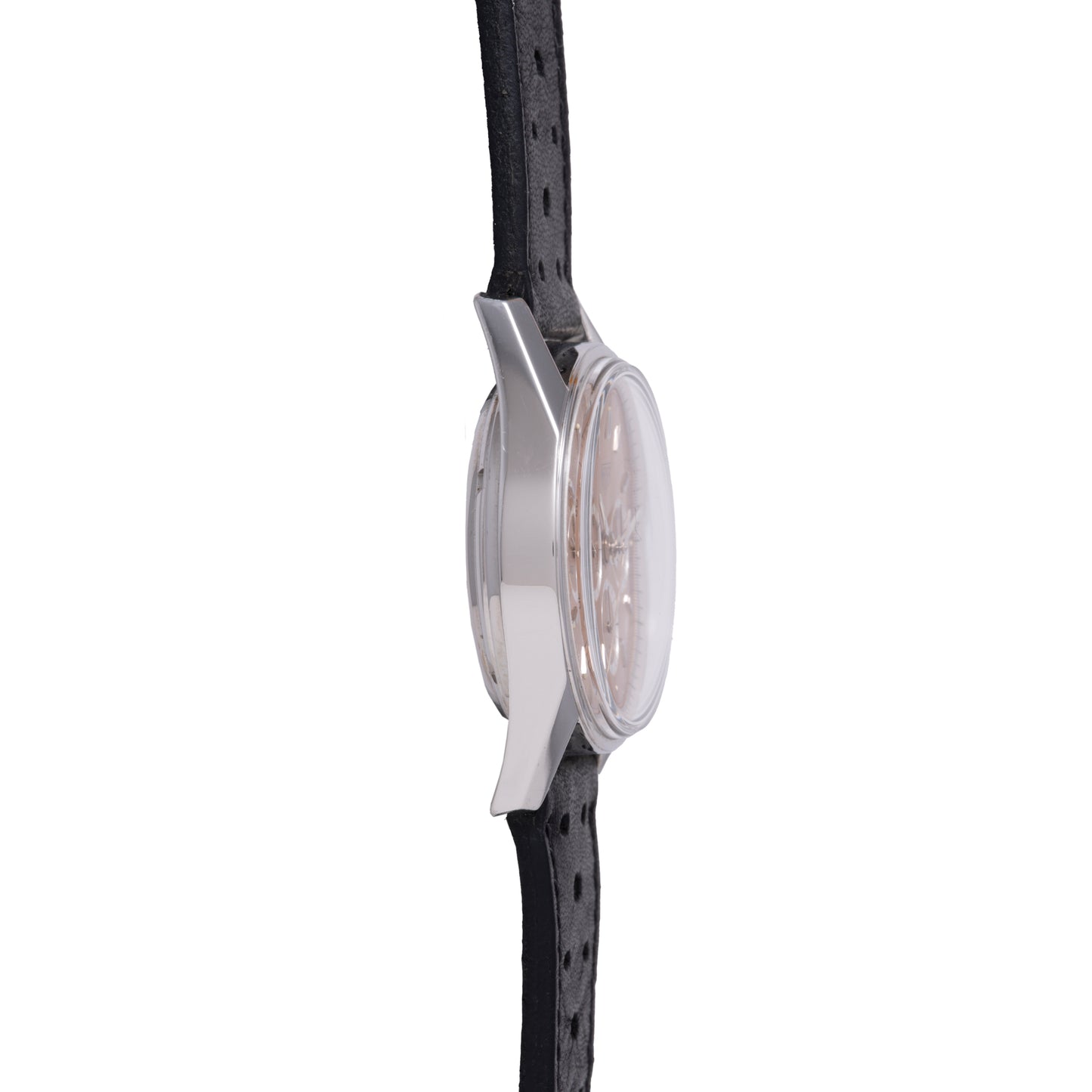 Side view of a TAG Heuer 1964 Carrera Re-Edition chronograph featuring a silver case, light dial, and black perforated leather strap, set against a white background.