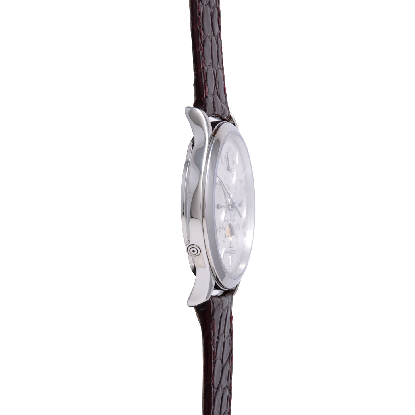 Side view of the Jaeger LeCoultre Master Control Perpetual Calendar with a silver case and textured dark brown leather strap, showing its slim profile and crown on the right—reflecting timeless vintage watch style.