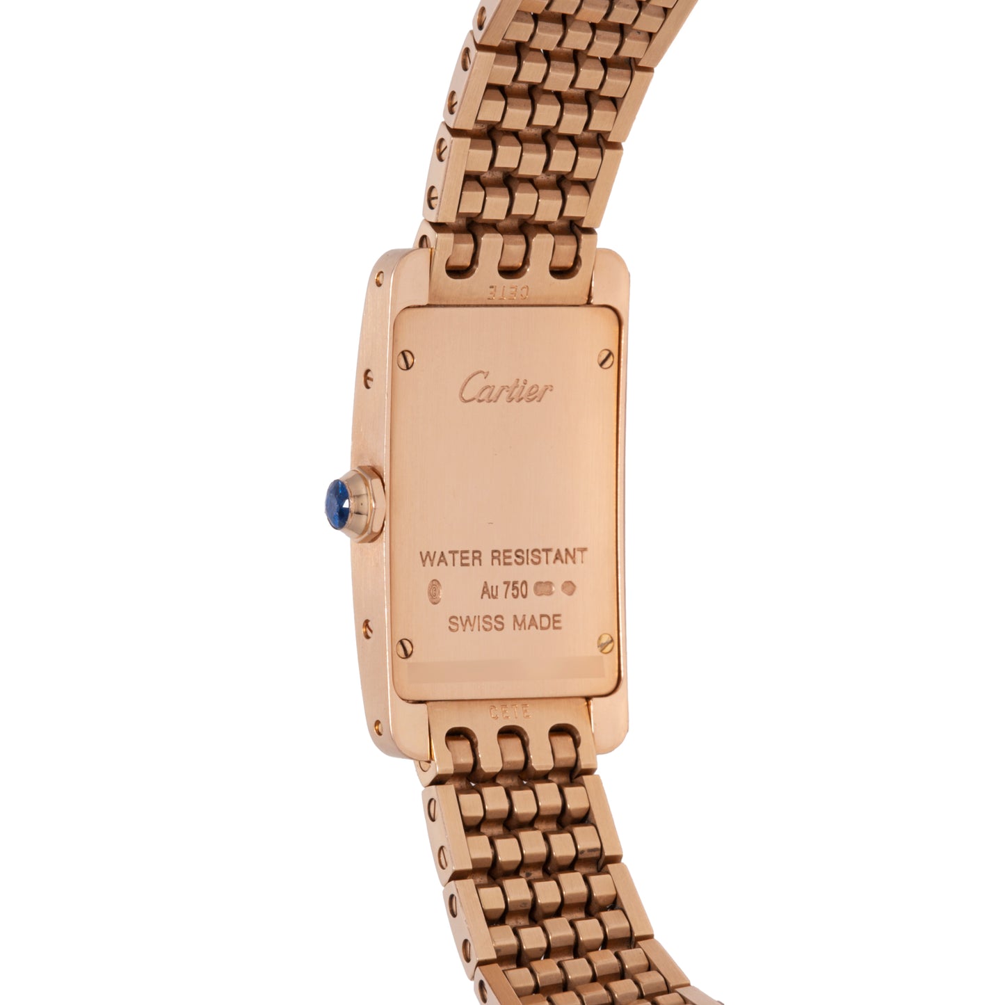 Back view of the Cartier Tank Americaine ladies watch in 18K rose gold by Cartier, with metal link band, blue cabochon crown, “Au 750,” Swiss Made, water resistance engravings, and a refined silver guilloché dial.