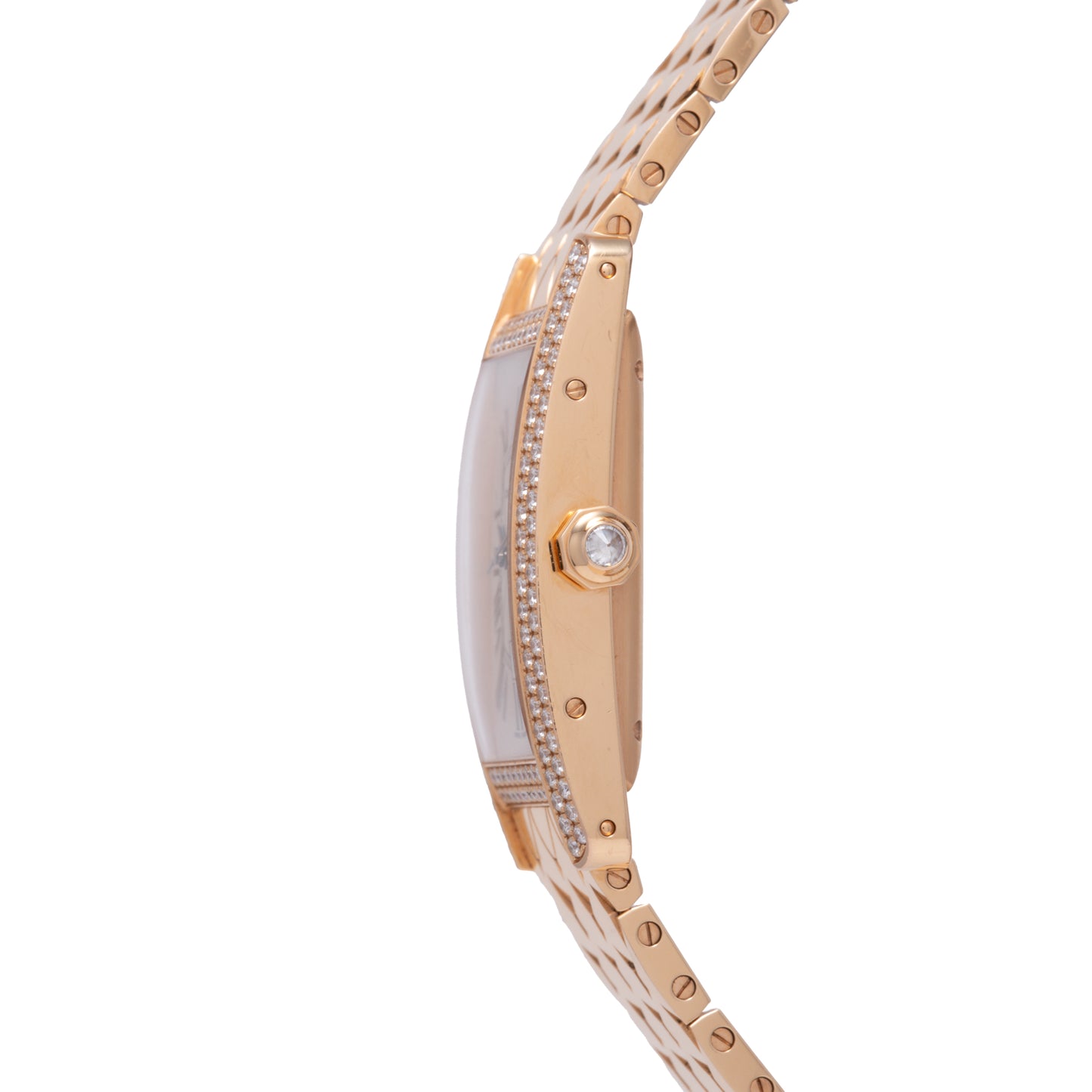 Side view of the Cartier Tank Americaine Automatic Diamonds by Cartier in 18K rose gold, showcasing a diamond-set bezel, textured metal strap, and intricate crown and case profile against a white background.