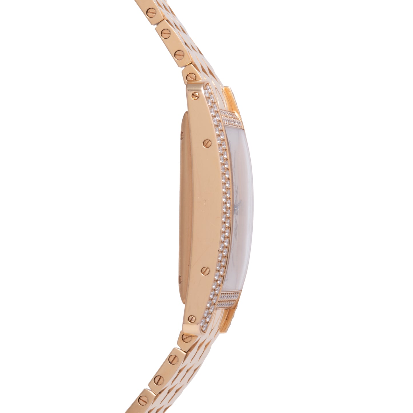 Side view of the Cartier Tank Americaine Automatic Diamonds by Cartier in 18K rose gold, showcasing a metal band, diamond-accented case, and visible screws on bezel and bracelet. The watch face remains hidden from this angle.