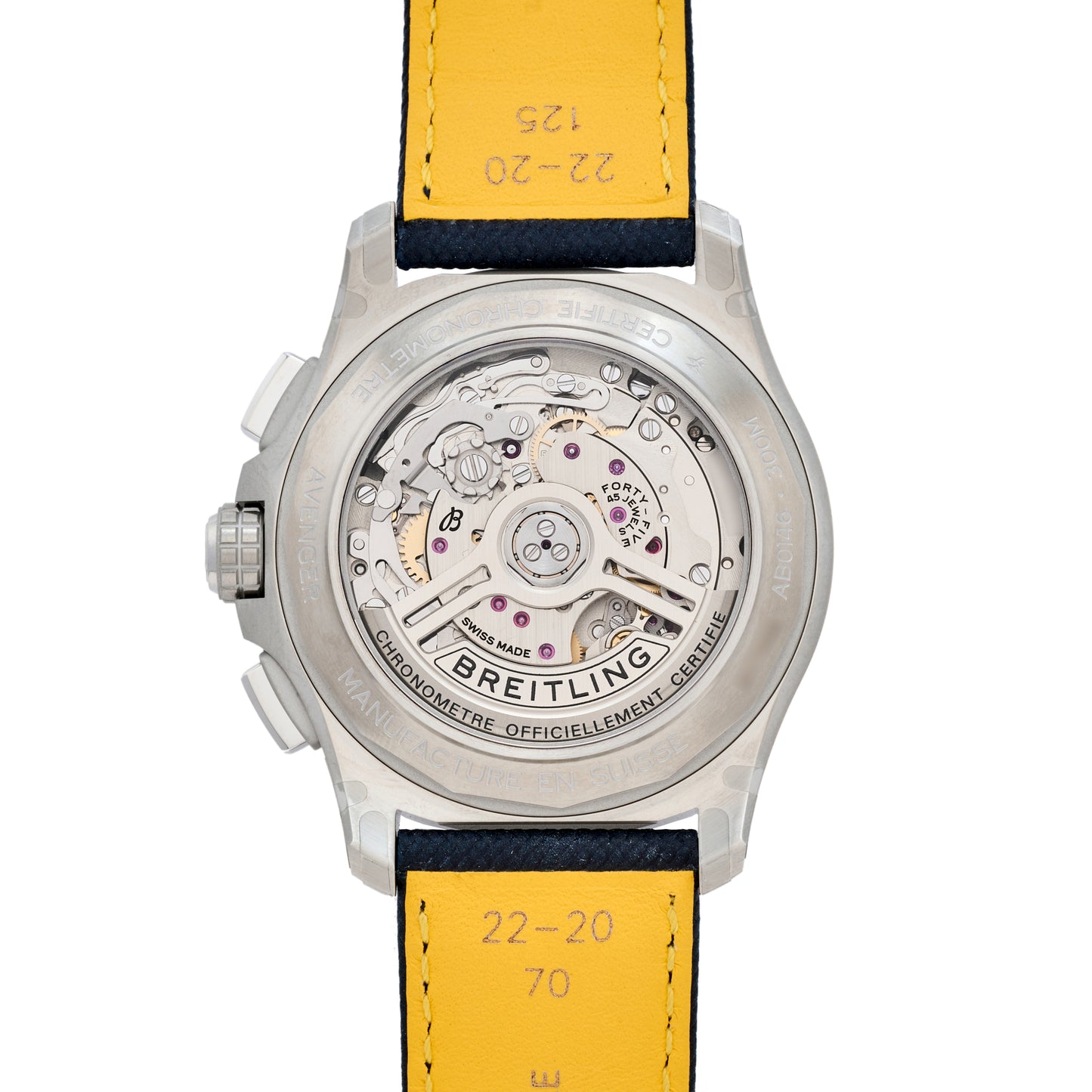 Back view of the Breitling Avenger B01 Chronograph 42 by Breitling, showing its detailed mechanical movement through a transparent case back, engraved markings, and a blue and yellow leather strap.