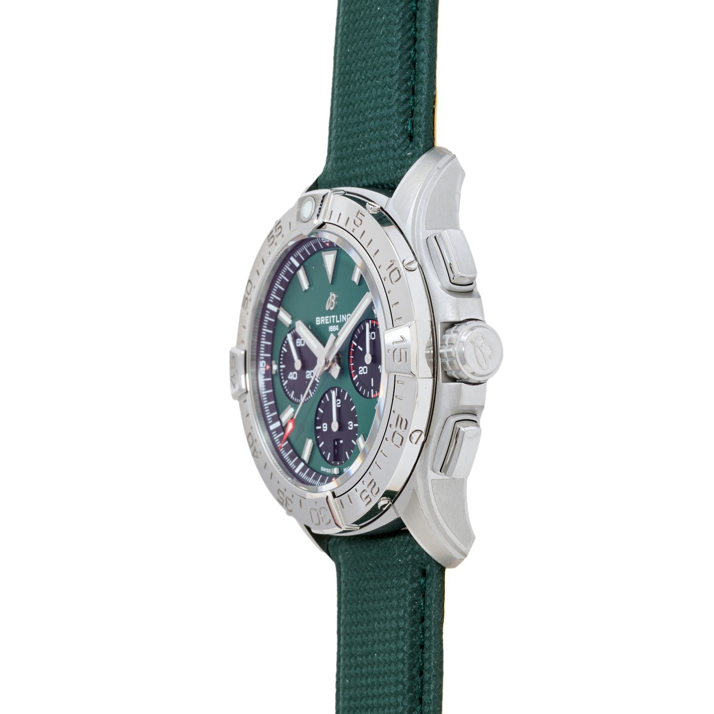 The Breitling Avenger B01 Chronograph 42 wristwatch features a silver case, green dial with white markers, three subdials, and a textured green strap—an iconic aviation-inspired timepiece by Breitling.