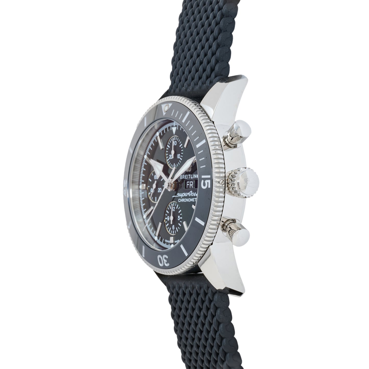 Side view of the Breitling SuperOcean Heritage Chronograph 44 by Breitling, featuring a black and silver case, textured black strap, three subdials, two pushers, ridged bezel, crown, and detailed dial inspired by classic dive watch design.