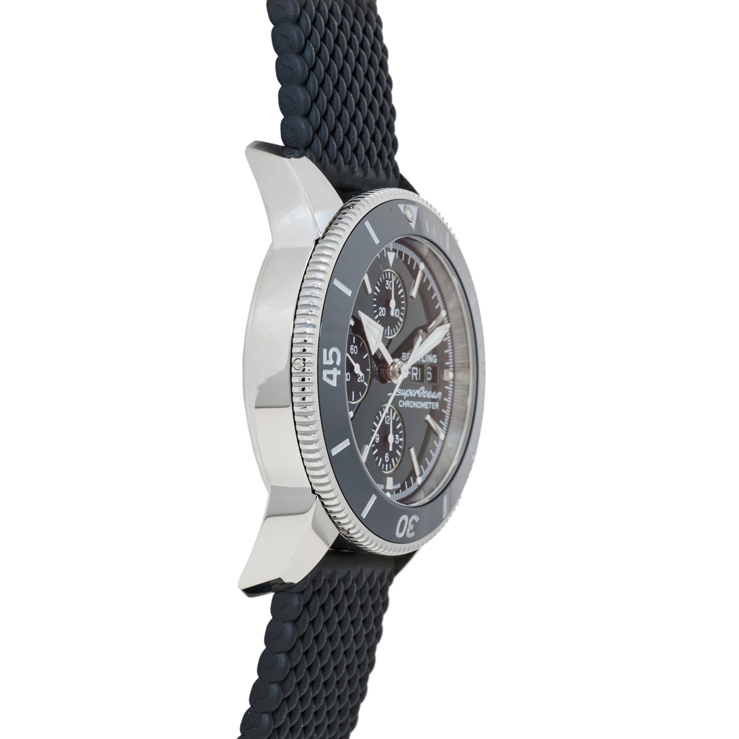 A close-up side view of the Breitling SuperOcean Heritage Chronograph 44, featuring a silver case, black textured strap, black rotating bezel, and chronograph dials on the face, capturing the iconic Breitling design.