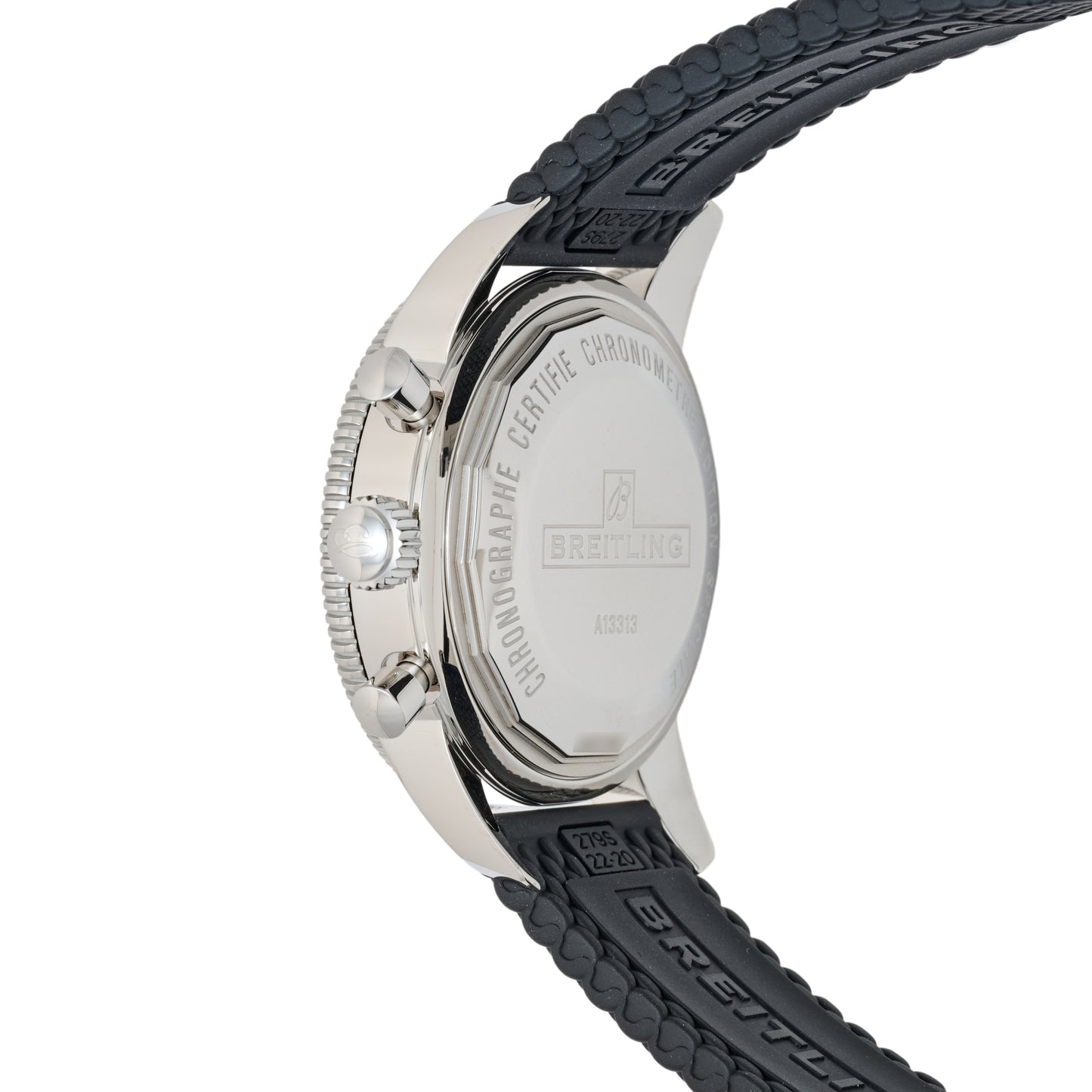 Side view of a Breitling SuperOcean Heritage Chronograph 44 showing the stainless steel case back with logo and engraving, black textured rubber strap with BREITLING embossing, plus visible crown and chronograph pushers.