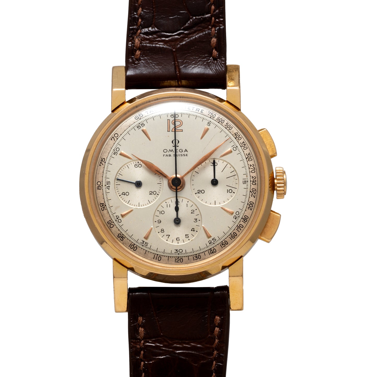 The Omega French Market Chronograph 'Calibre 321' features a gold case, cream dial with three subdials, gold markers and hands, right-side crown and pushers, brown leather strap, and is powered by the Lemania Calibre 321 movement.