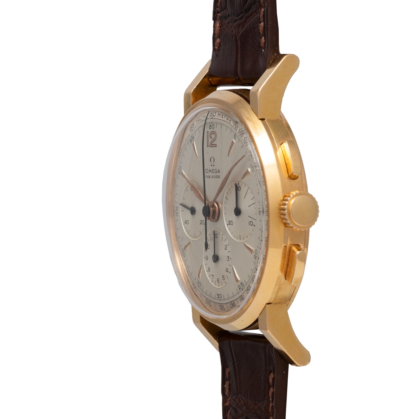 An Omega French Market Chronograph 'Calibre 321' wristwatch in gold, with a round silver dial, three subdials, brown leather strap, and side-profile view highlighting its pushers and famous Lemania Calibre 321 movement.