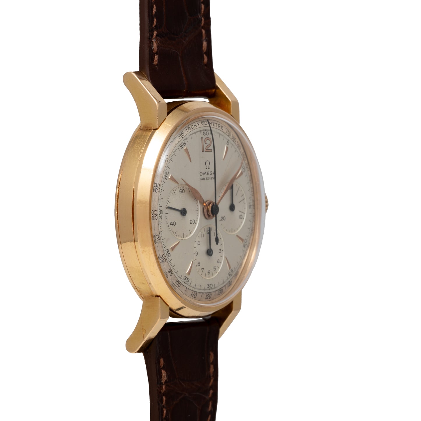 An Omega French Market Chronograph 'Calibre 321' wristwatch with a gold case, round white dial, three subdials, black hour markers, and a brown leather strap; features the legendary chronograph movement.