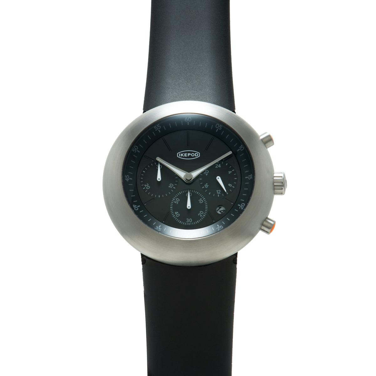 Ikepod Chronopod chronograph with brushed steel case, black dial, and black rubber strap.