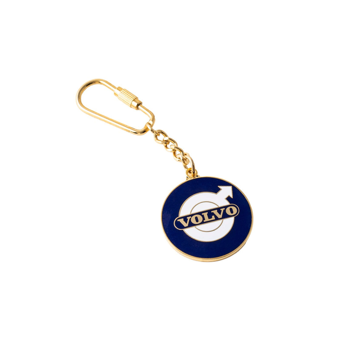 Gold-toned carabiner key chain with circular blue and white enamel Volvo logo pendant.