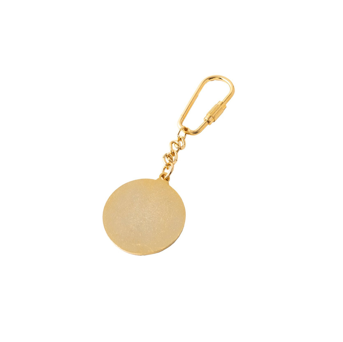 Gold-toned enamel key chain with circular pendant and carabiner clip attachment.