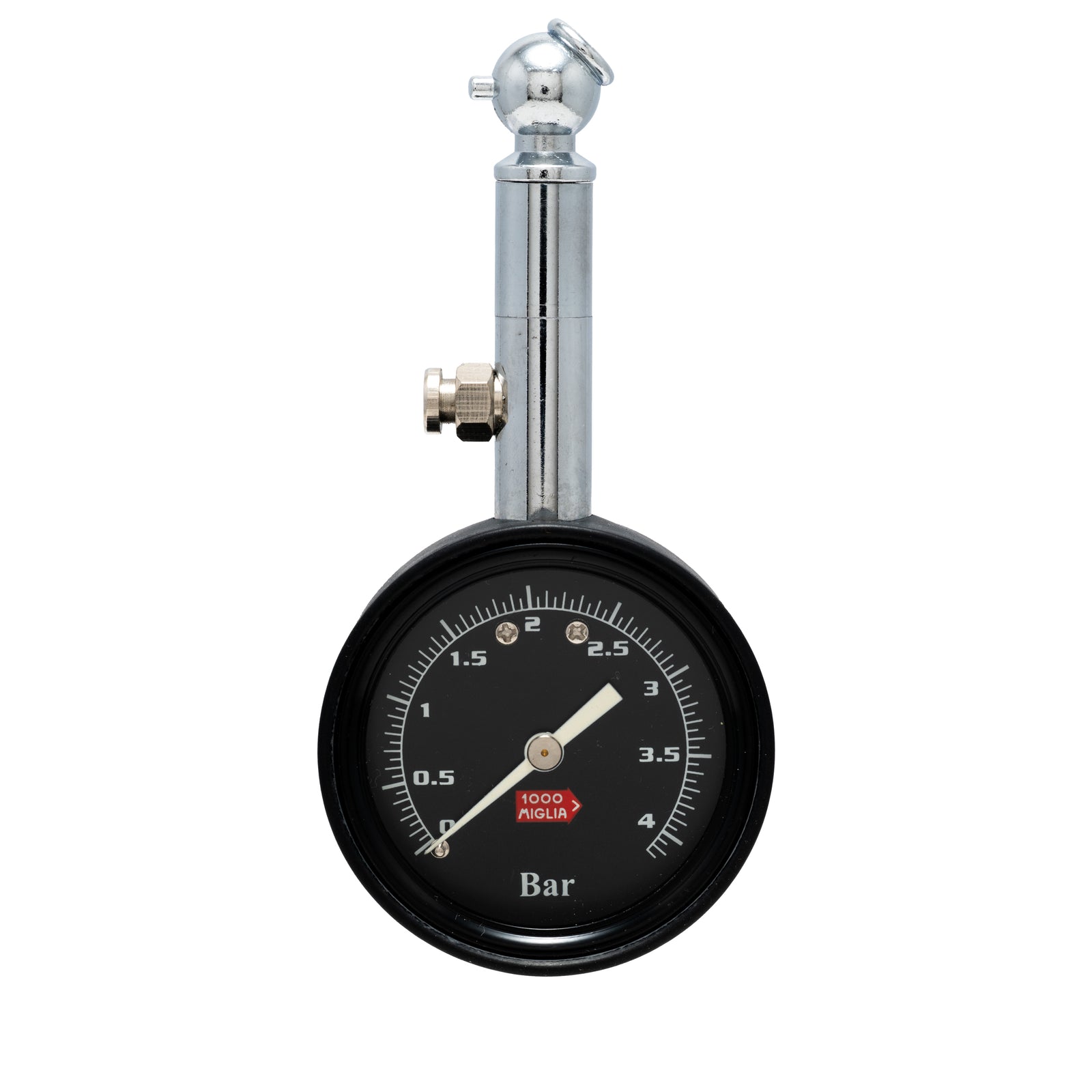 The Chopard Mille Miglia Tire Gauge by Chopard is a round black analog gauge with a needle at 1.6 bar, a metal valve attachment on top, and the Mille Miglia logo at the center—an elegant luxury automobilia item.