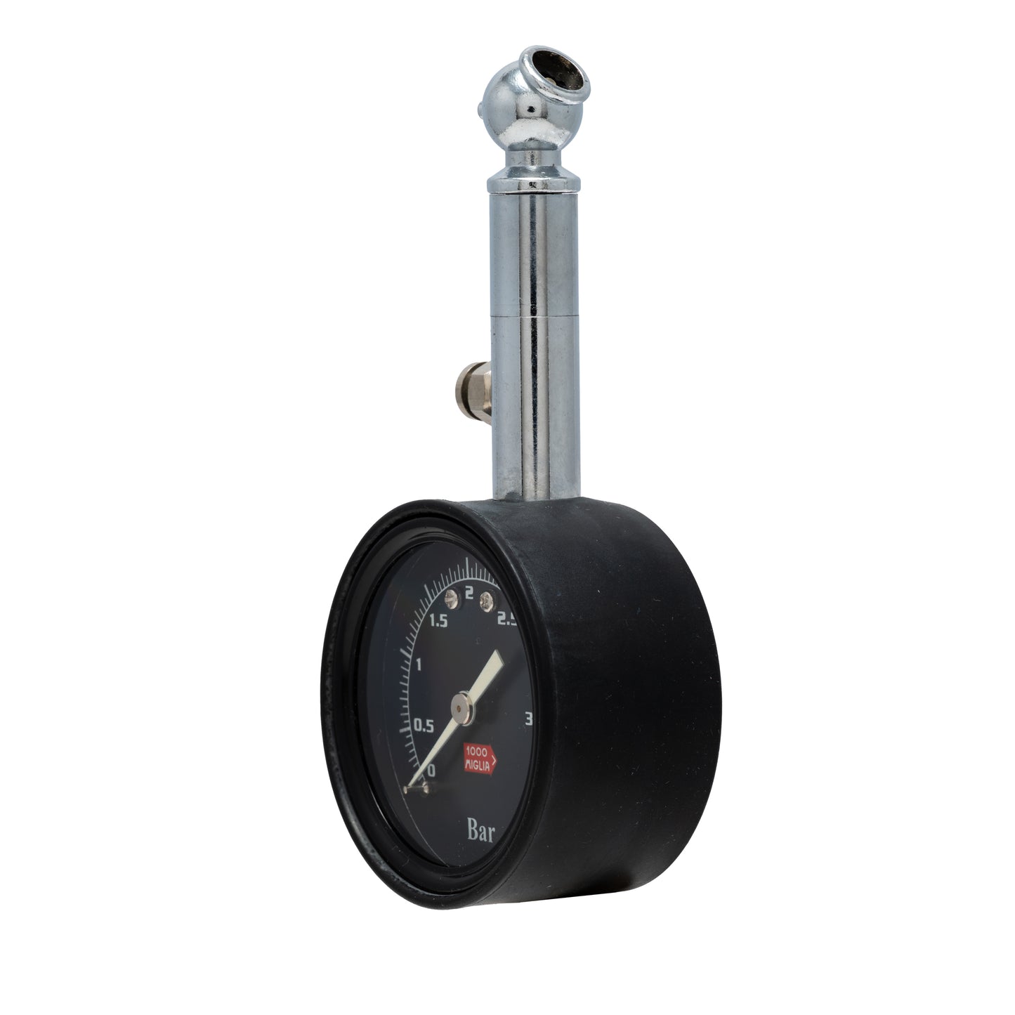 A close-up of the Chopard Mille Miglia Tire Gauge by Chopard, a black and silver luxury tire pressure gauge with a round dial showing pressure in bars, is isolated on a white background.
