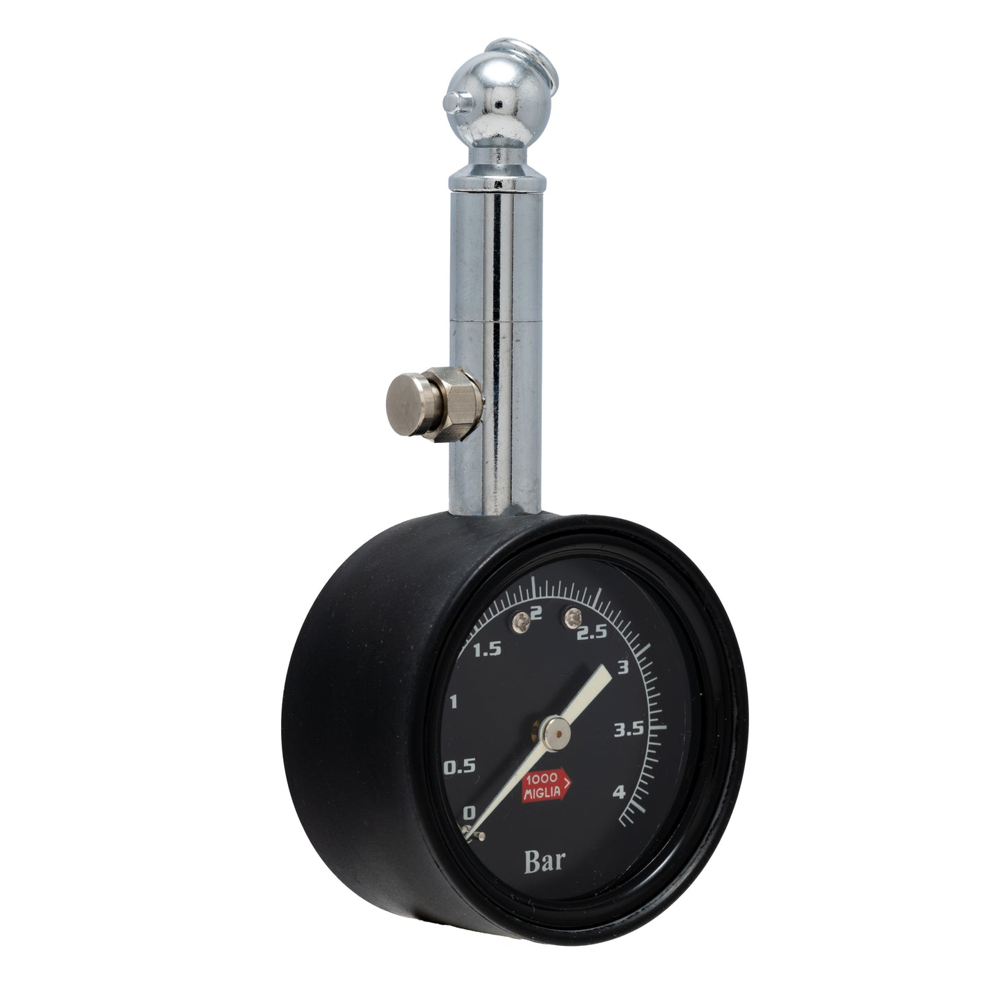 The Chopard Mille Miglia Tire Gauge by Chopard features a black and silver design with a round dial displaying bar measurements, attached to a metal valve; inspired by luxury automobilia, its needle indicates about 1.7 bars.