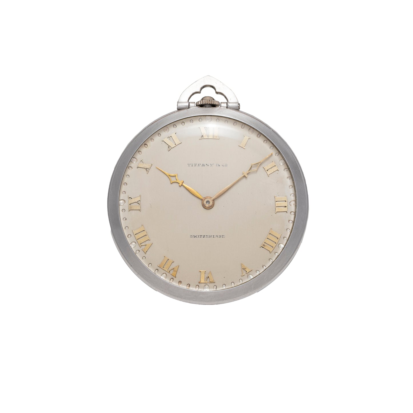 A vintage Tiffany & Co. Platinum Pocket Watch with platinum case, gold Roman numeral hour markers, and gold hands, displayed against a plain white background.