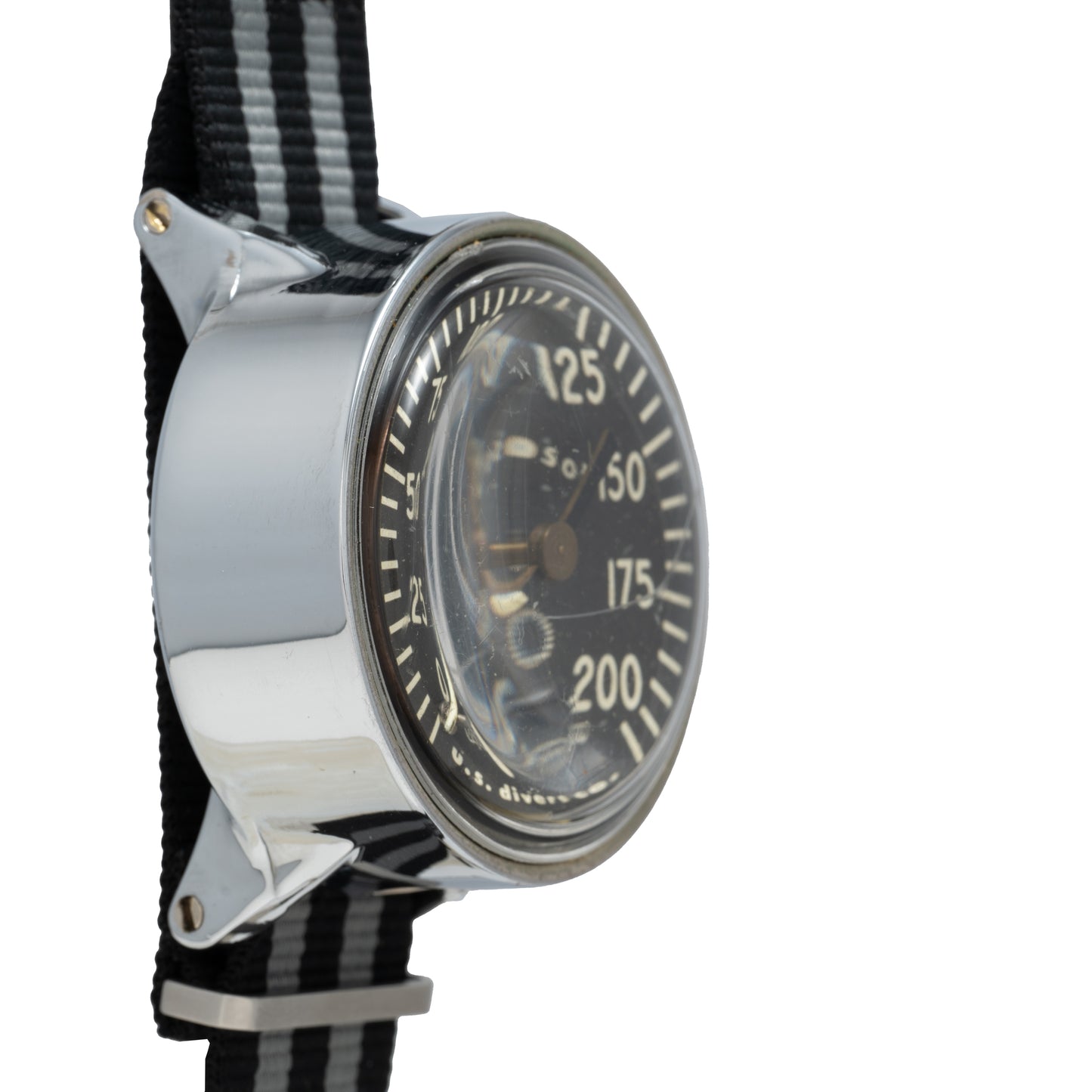A close-up of the Calypso Depth Gauge by Calypso, showing its metal case, black-and-white striped strap, and a dial inspired by a wrist depth gauge, all set against a plain white background.