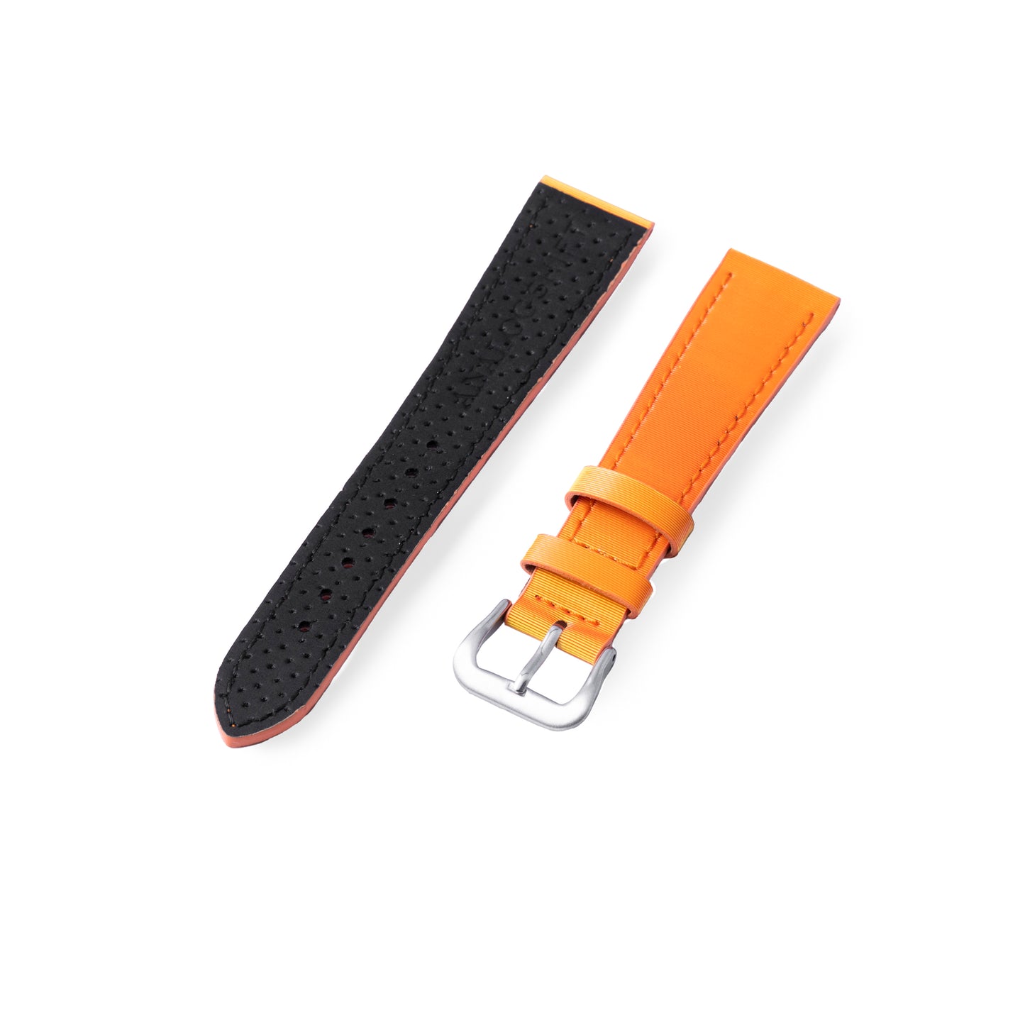 The Analog:Shift Grabber Orange Effect Matrix Strap is a two-piece limited edition watch strap featuring perforated black on one side, solid Grabber Orange on the other, a silver buckle, and comes displayed on a white background.