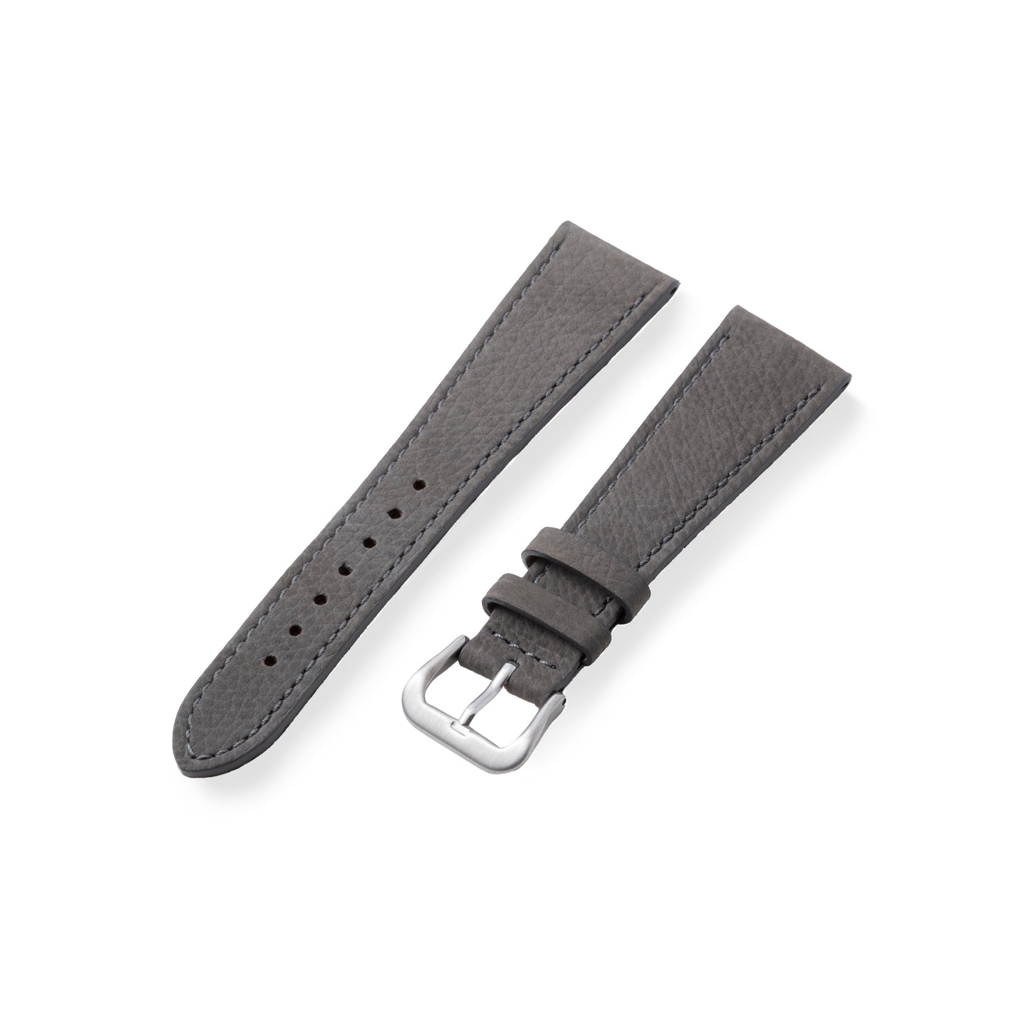 The Analog:Shift Vantage Grey Matte Calf Leather Strap features a silver buckle and comes in two separate pieces, displayed flat on a white background, blending vintage style with classic elegance for any timepiece.