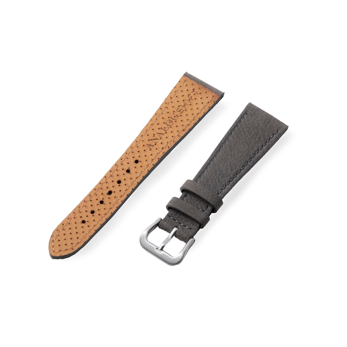 Shown are two handmade leather watch straps: a brown one with visible stitching, and the Analog:Shift Vantage Grey Matte Calf Leather Strap, featuring a silver buckle and two loops.