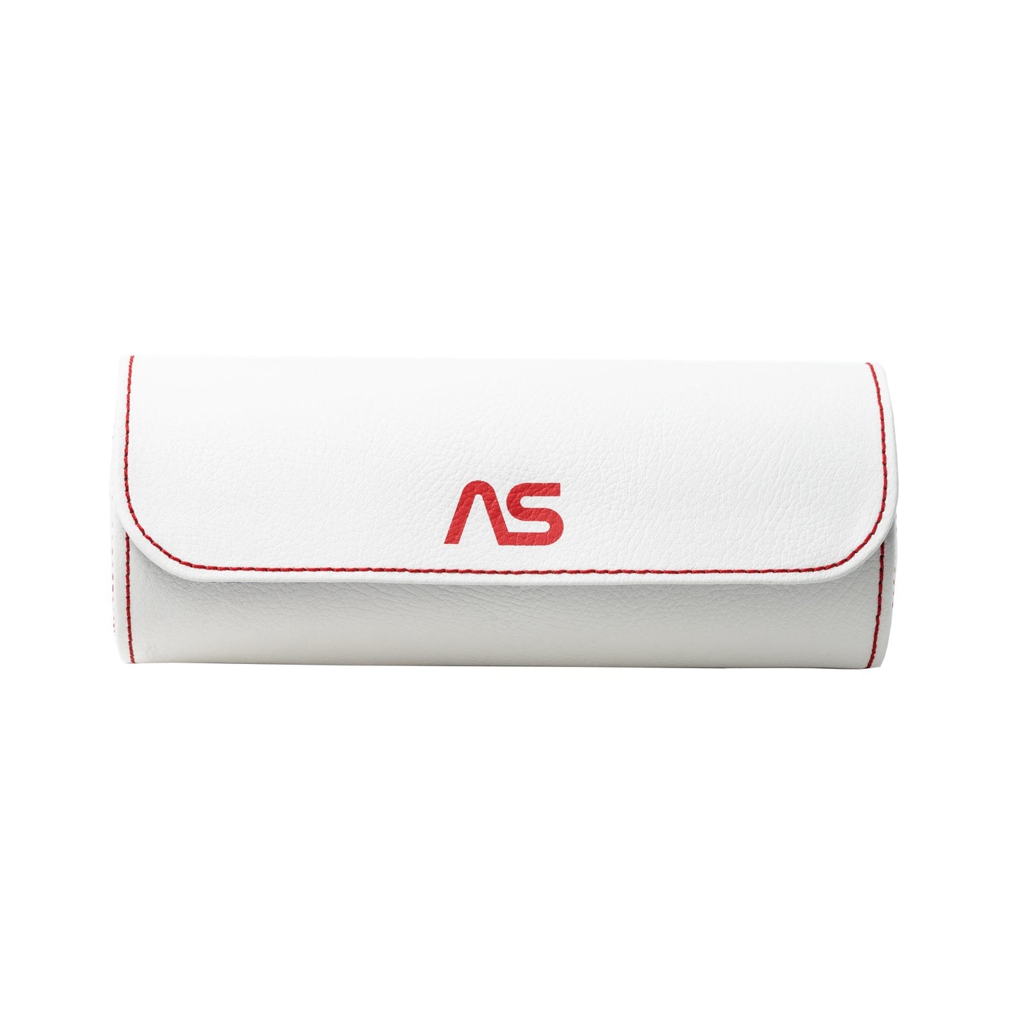 A white leather eyeglasses case with red stitching and a red AS logo sits on a plain white background—an elegant companion to your Moonshot 3-Piece Travel Tube by WOLF.