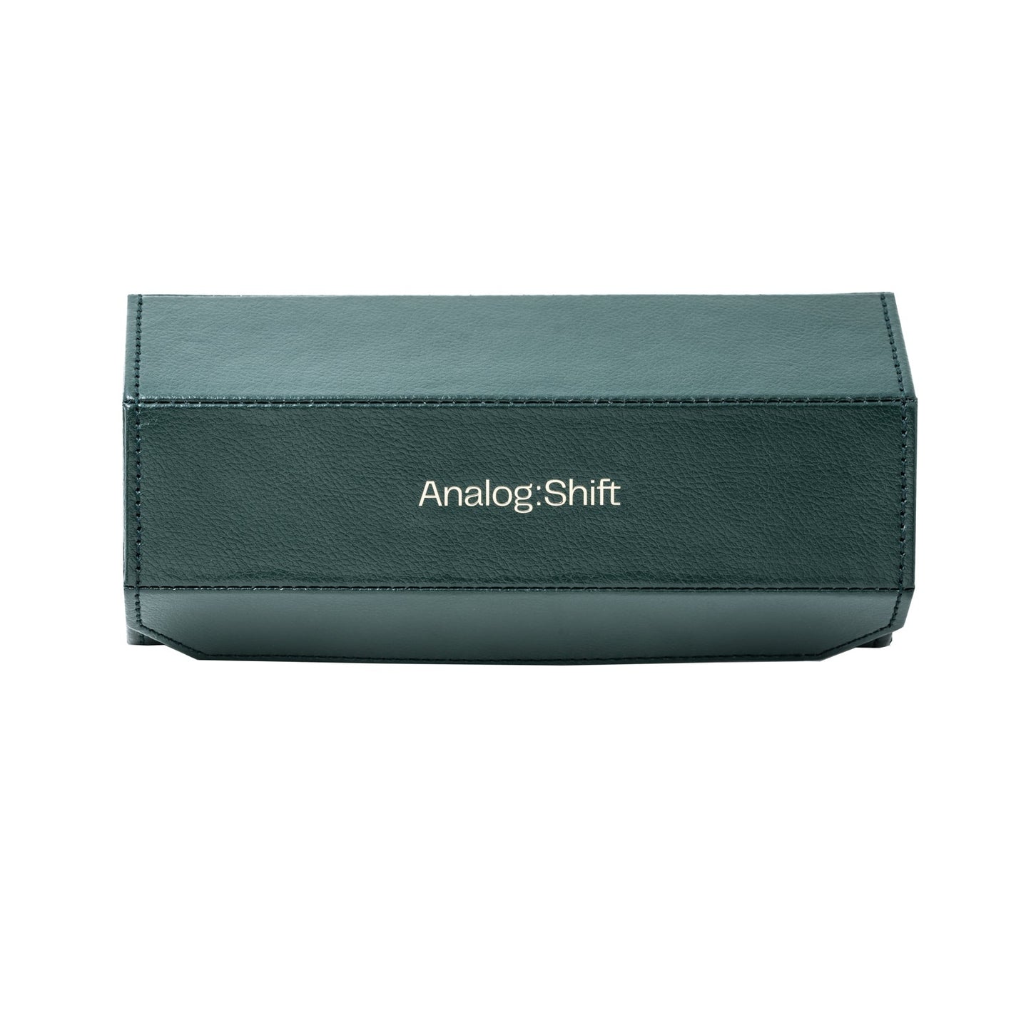 A rectangular green leather WOLF Vintage Collection 3-Piece Hex Travel Tube with "Analog:Shift" in white on the front, displayed against a plain white background.