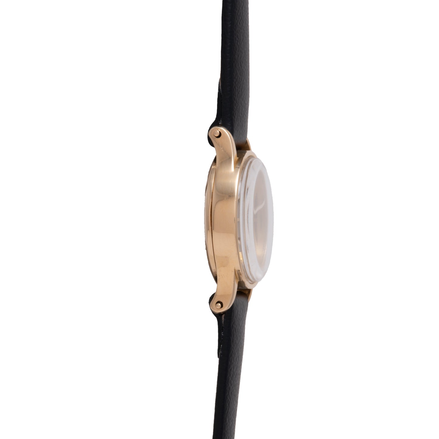 Side view of a Patek Philippe Calatrava 'Tiffany & Co' ladies dress watch, featuring an 18K yellow gold round case and black leather strap, highlighting the watch's thickness and strap attachment points.