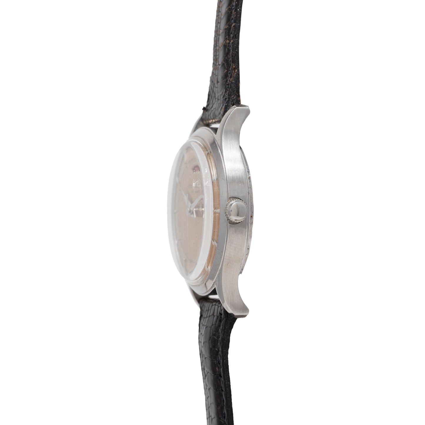 Side view of a Jaeger LeCoultre 'European Market' Powermatic wristwatch in silver, featuring a round face, black textured leather strap, visible crown, and subtle power-reserve display, photographed against a white background.