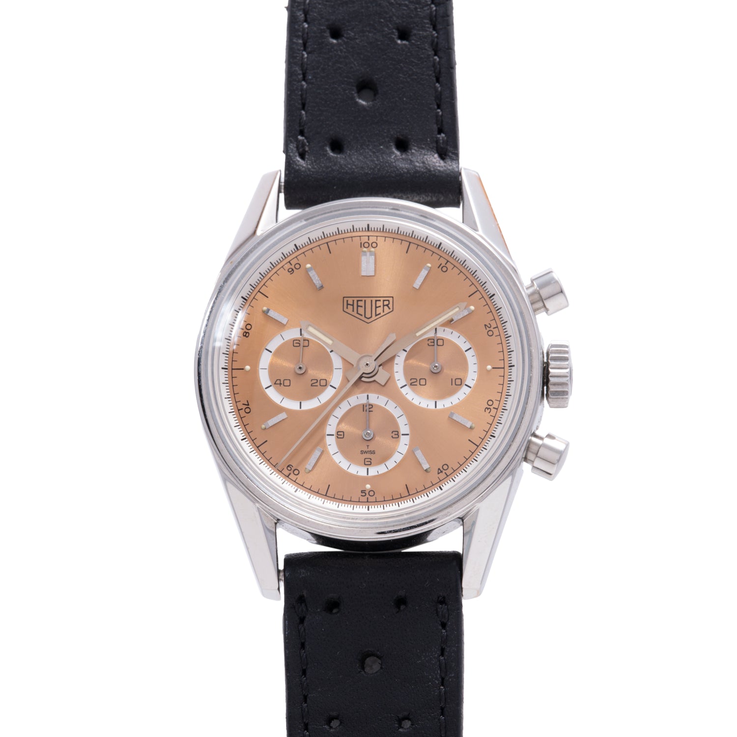 The TAG Heuer 1964 Carrera Re-Edition features a tan dial, three subdials, a silver case, and a black perforated leather strap. This TAG Heuer chronograph includes two side buttons and a crown for classic functionality.