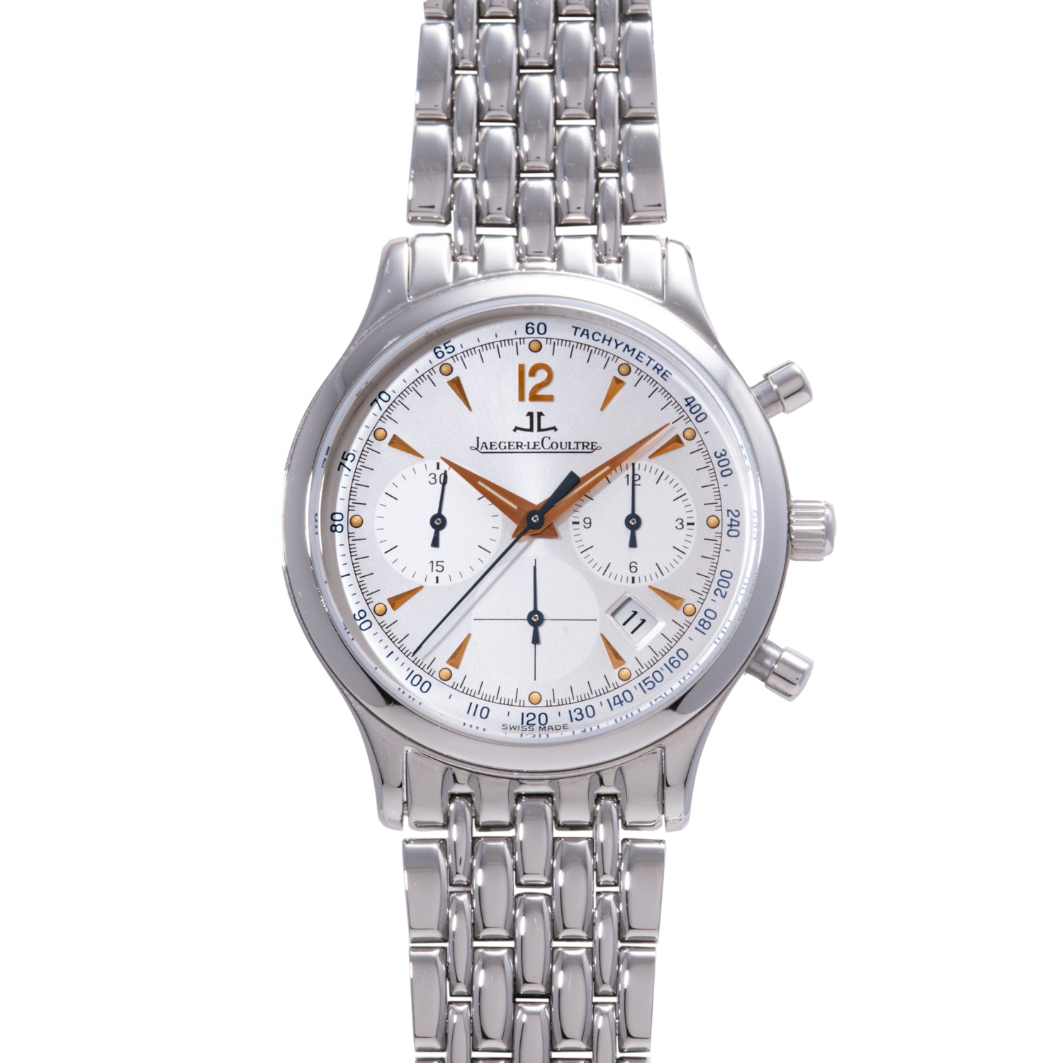 A Jaeger-LeCoultre Master Control Chronograph Mecaquartz wristwatch with a silver metal band, orange accents, three subdials, and a tachymeter bezel by Jaeger LeCoultre is shown against a plain white background.