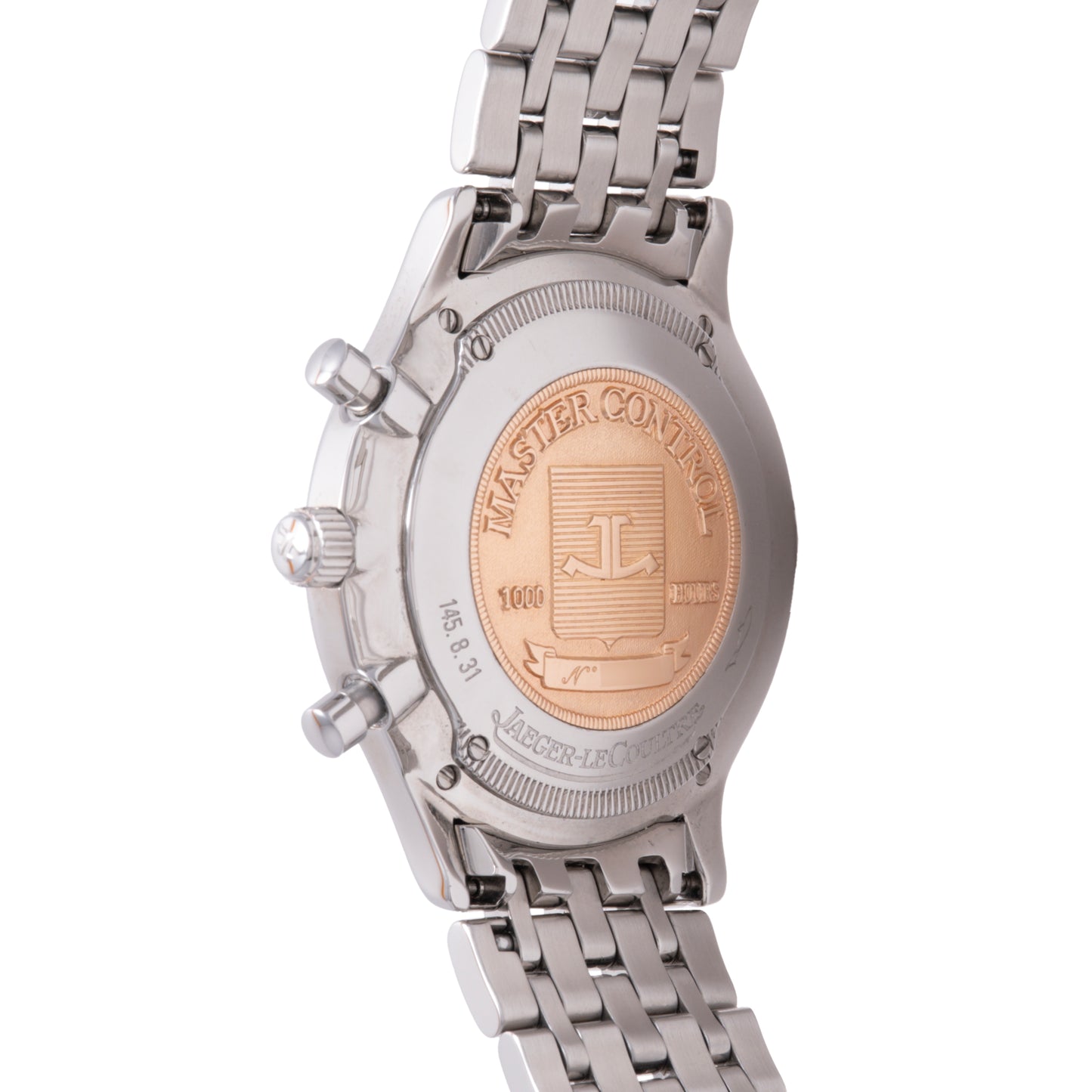 The image shows the back of a Jaeger-LeCoultre Master Control Chronograph Mecaquartz wristwatch with a silver metal bracelet and a gold-toned medallion displaying the Jaeger LeCoultre logo and inscriptions.