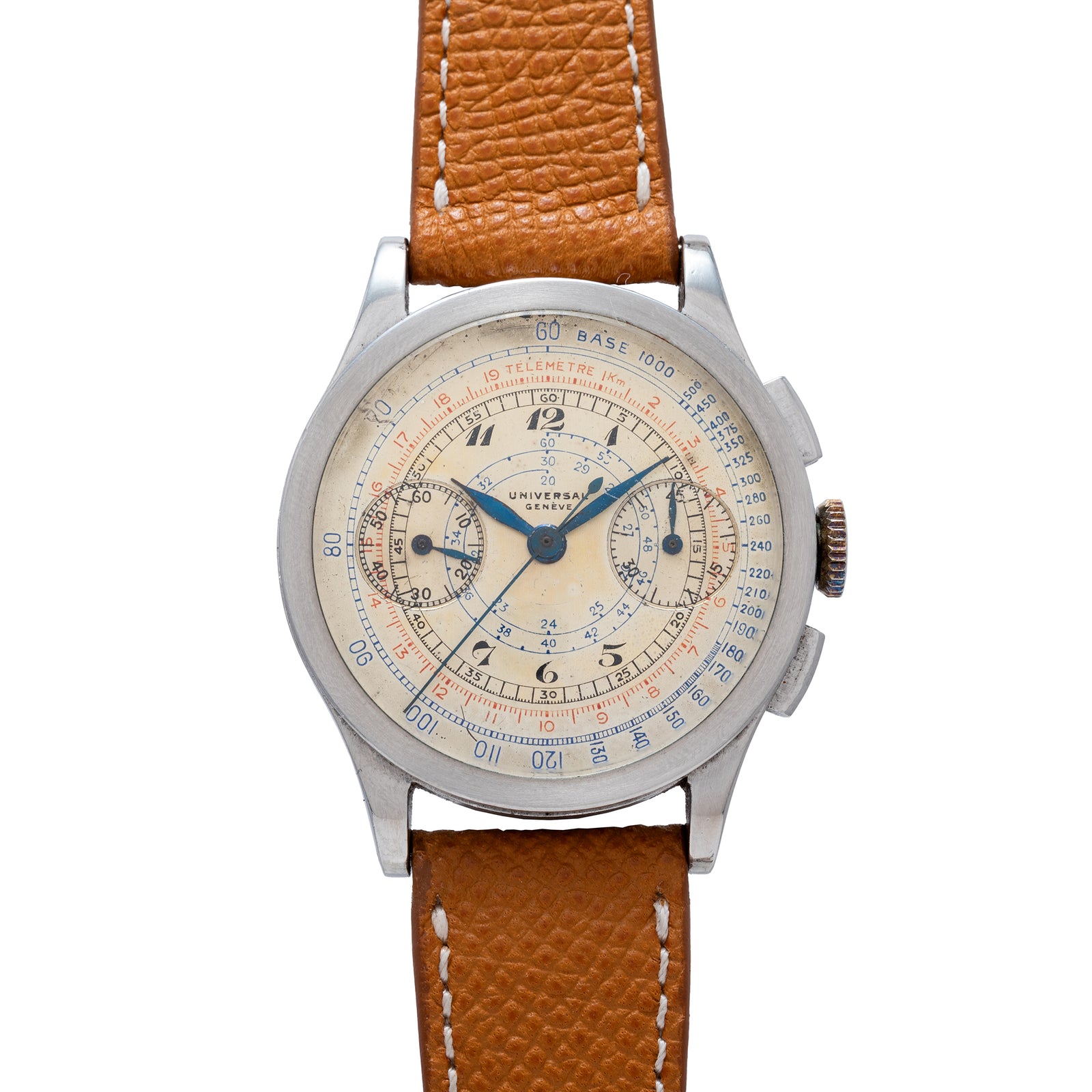 The Universal Genève Compax 'Breguet' is a vintage chronograph with a round stainless steel case, cream dial with blue and red scales, black numerals, two subdials, and a brown leather strap.