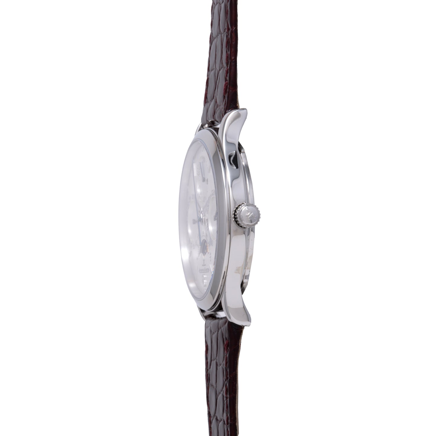 Side view of the Jaeger LeCoultre Master Control Perpetual Calendar, featuring a silver case, round crown, and dark brown textured leather strap—showcasing its slim profile and vintage-inspired polished metal edge.