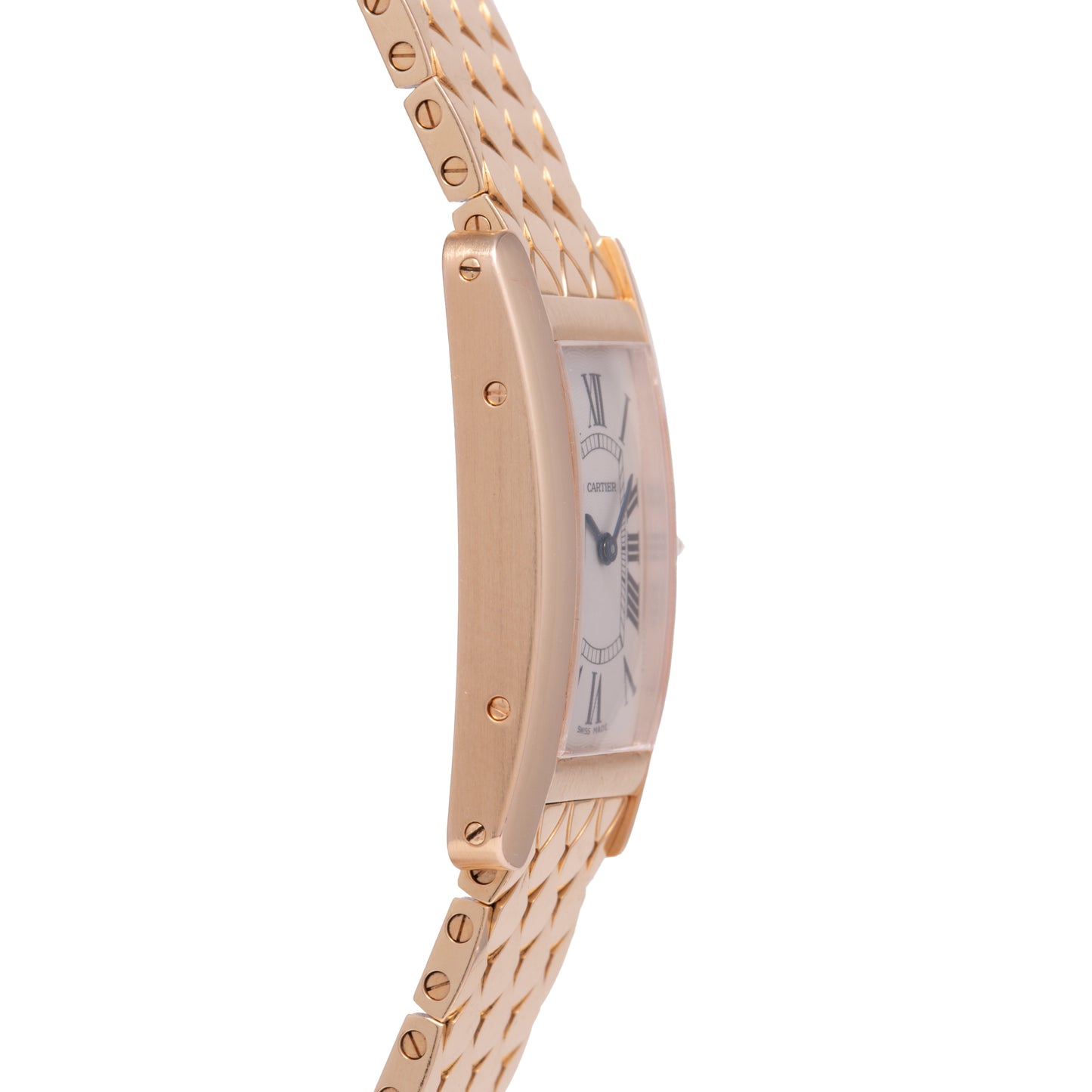 Side view of a Cartier Tank Americaine ladies wristwatch in 18K rose gold with a silver guilloché dial, Roman numerals, linked bracelet, visible case screws, and the Cartier logo subtly on the dial.