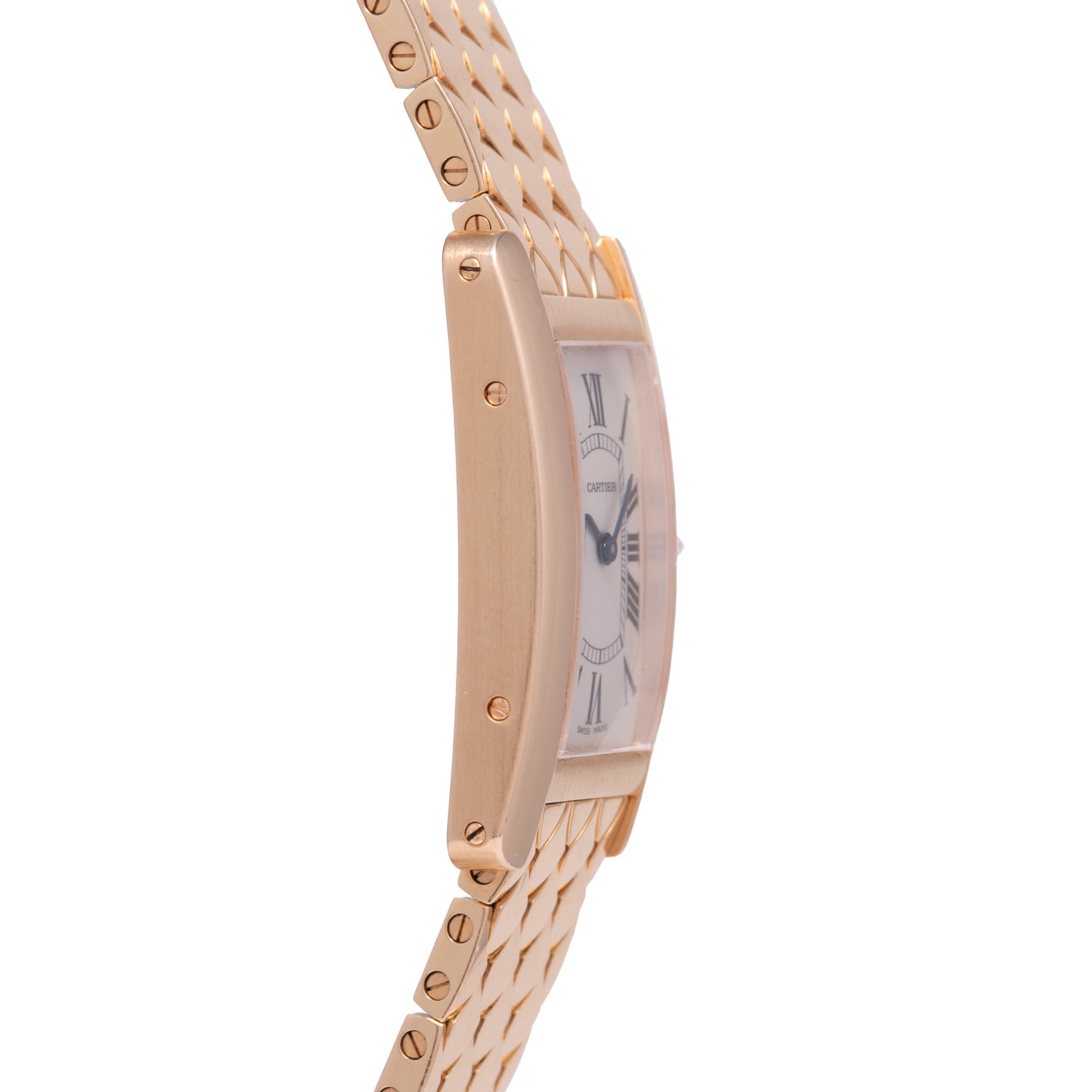 Side view of a Cartier Tank Americaine ladies wristwatch in 18K rose gold with a silver guilloché dial, Roman numerals, linked bracelet, visible case screws, and the Cartier logo subtly on the dial.