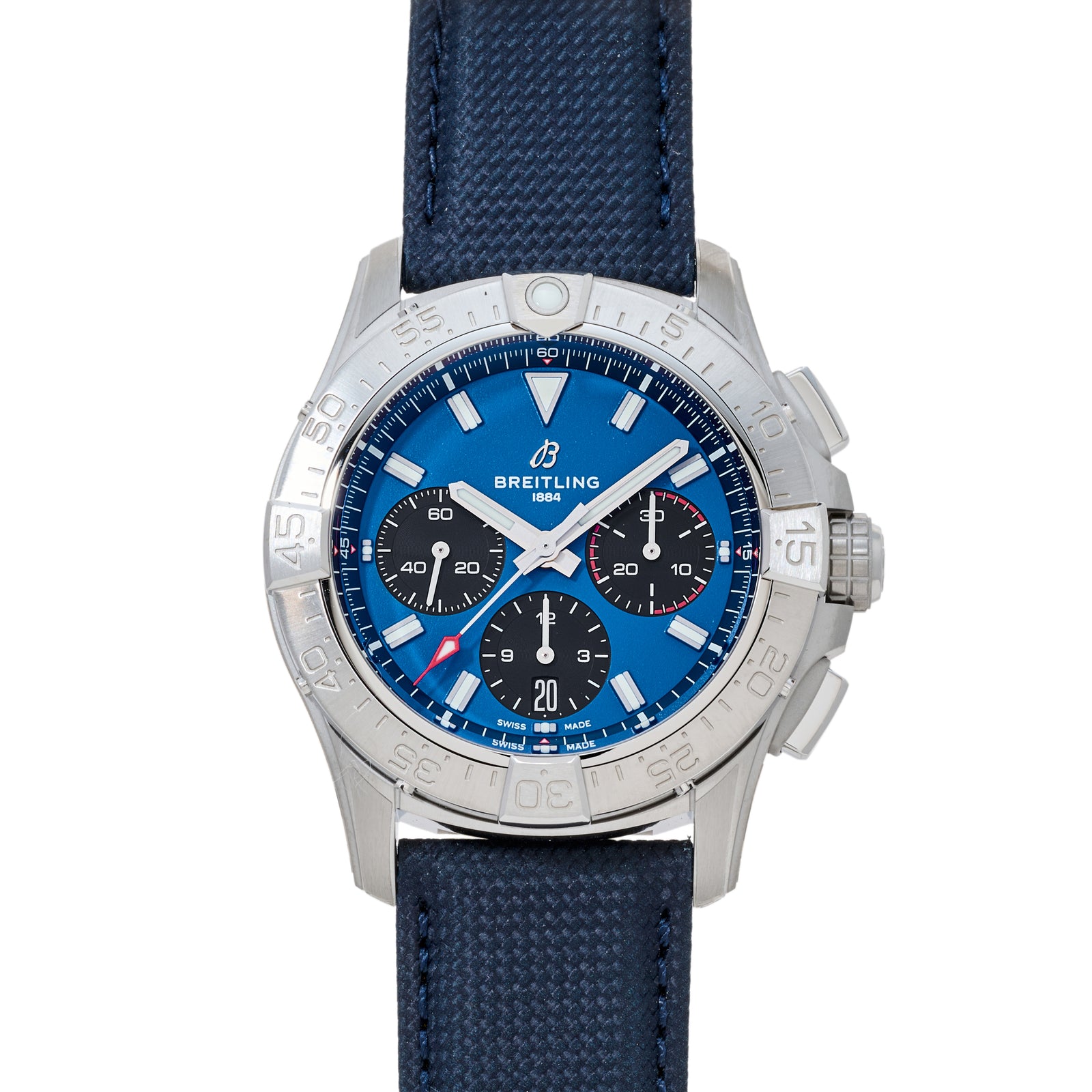The Breitling Avenger B01 Chronograph 42 features a blue dial with three subdials, silver hour markers, date window, stainless steel case, rotating bezel, and a textured blue strap.