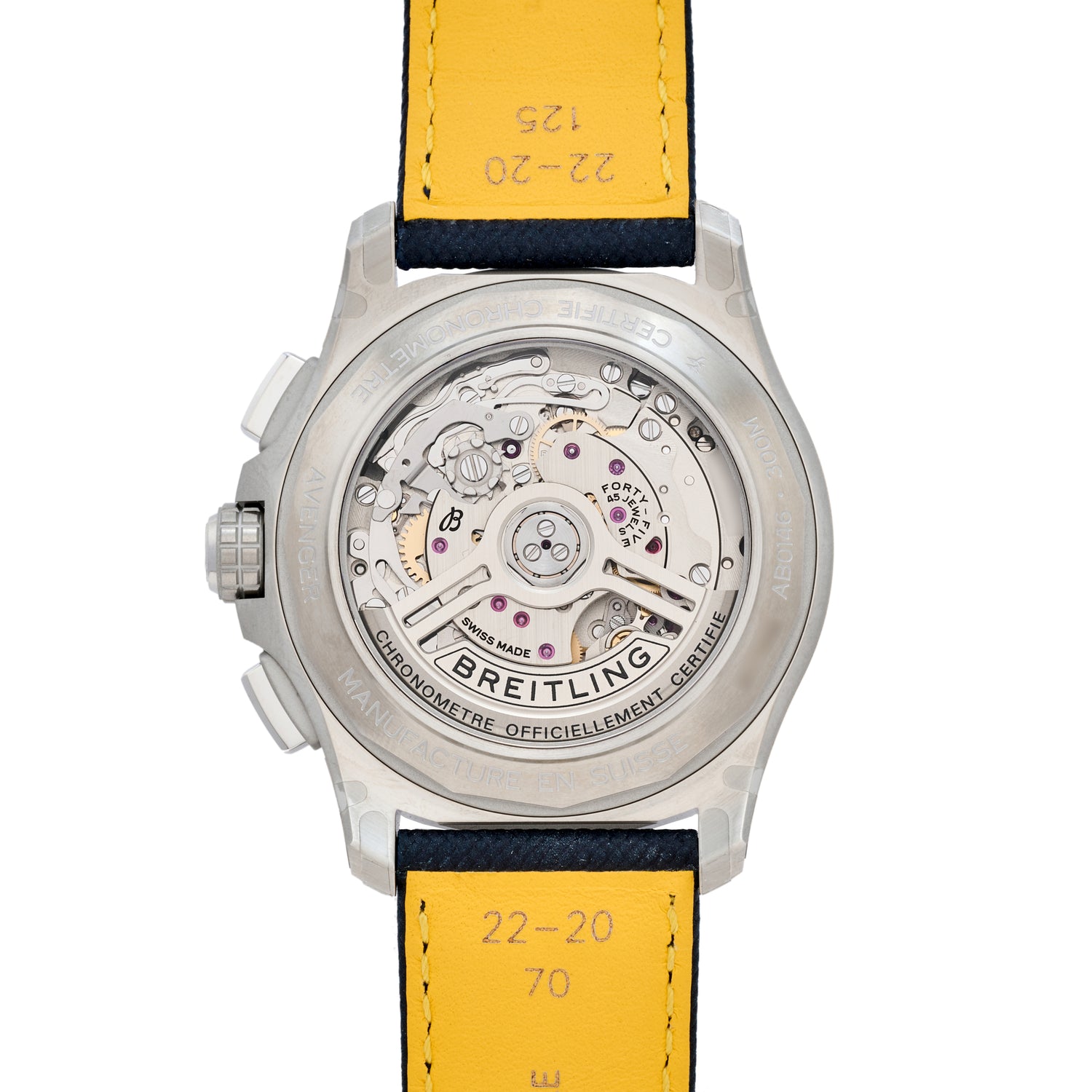 Back view of the Breitling Avenger B01 Chronograph 42 by Breitling, showing its detailed mechanical movement through a transparent case back, engraved markings, and a blue and yellow leather strap.