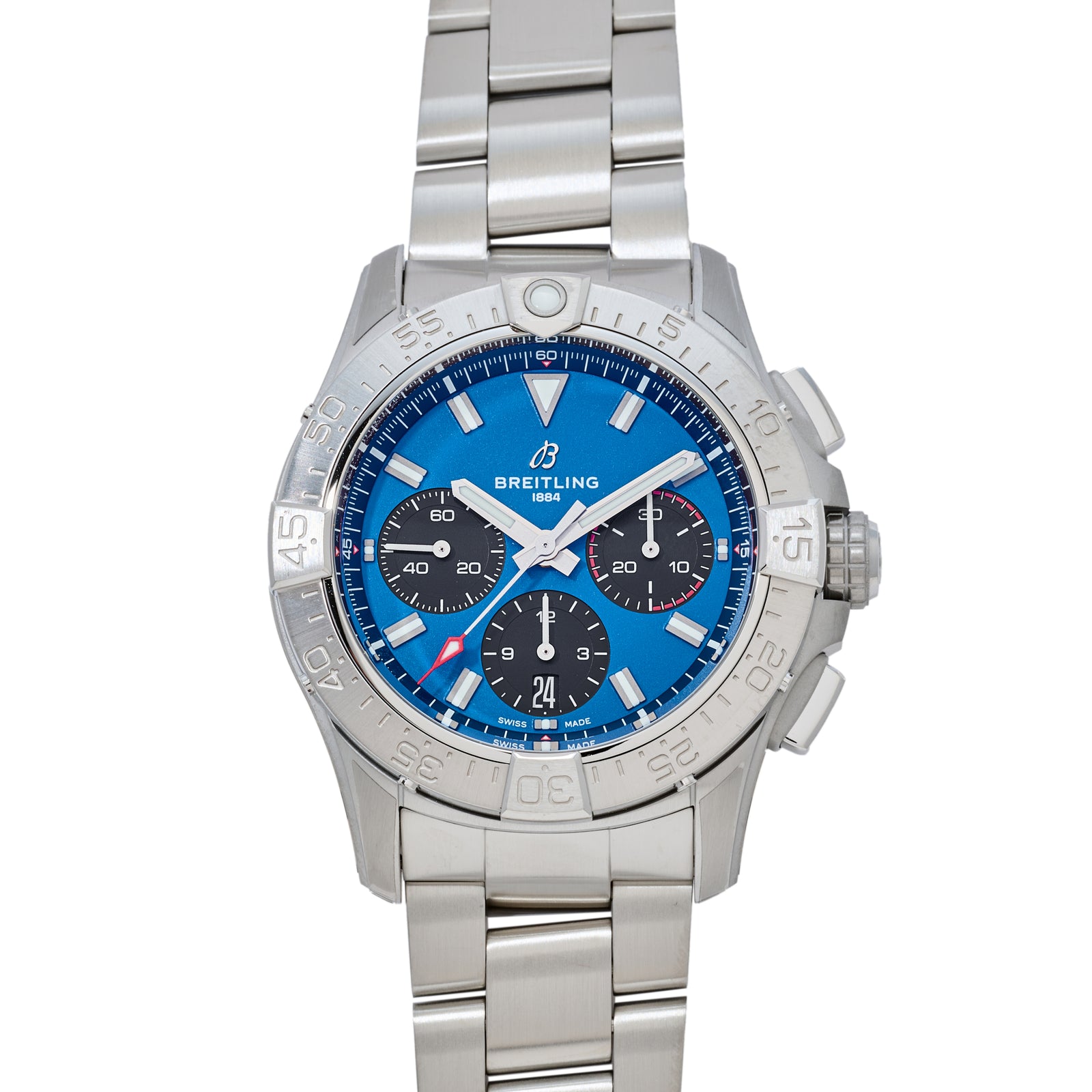 The Breitling Avenger B01 Chronograph 42 is a stainless steel aviation watch featuring a blue dial with three black subdials, white markers and hands, date window, metal link bracelet, engraved numeral bezel, and COSC-certified automatic movement.