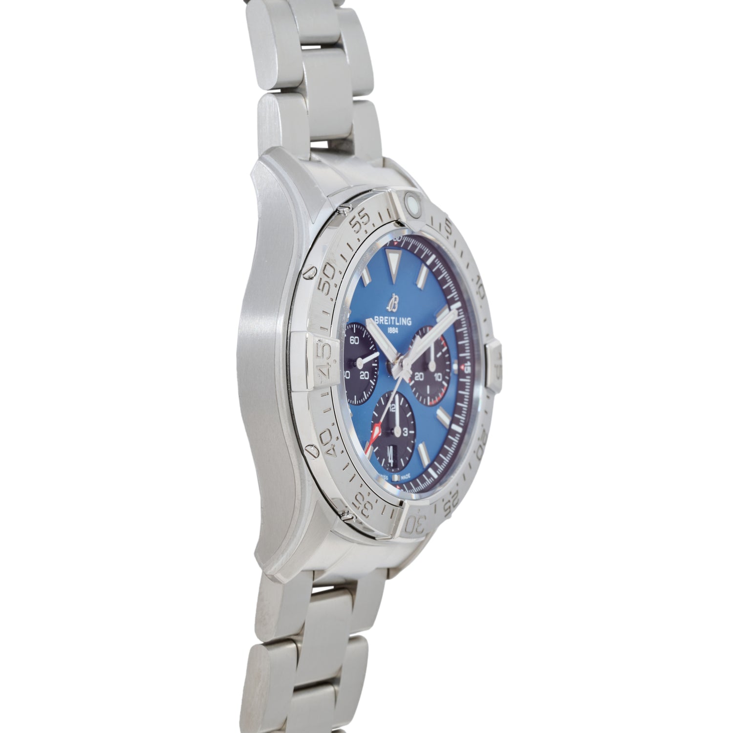 The Breitling Avenger B01 Chronograph 42 wristwatch by Breitling features a silver case, metal band, blue dial, and three subdials, shown at an angle to display its detailed side and face as a precision aviation watch.
