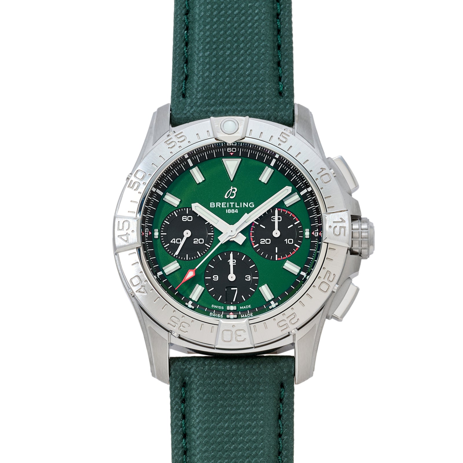 The Breitling Avenger B01 Chronograph 42 features a green dial with three black subdials, silver hour markers, a stainless steel case, and a green textured leather strap. Its engraved bezel and dual pushers highlight its aviation heritage.