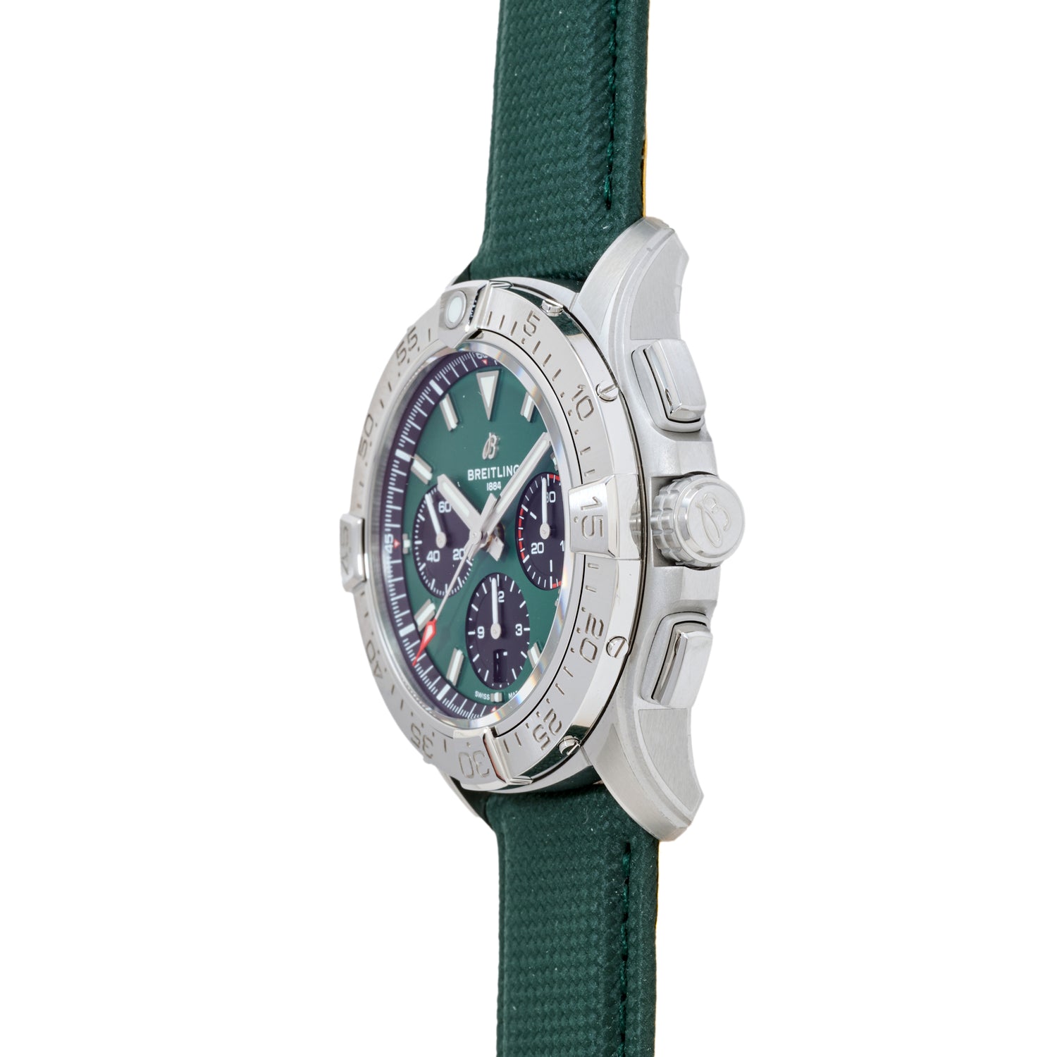 The Breitling Avenger B01 Chronograph 42 wristwatch features a silver case, green dial with white markers, three subdials, and a textured green strap—an iconic aviation-inspired timepiece by Breitling.