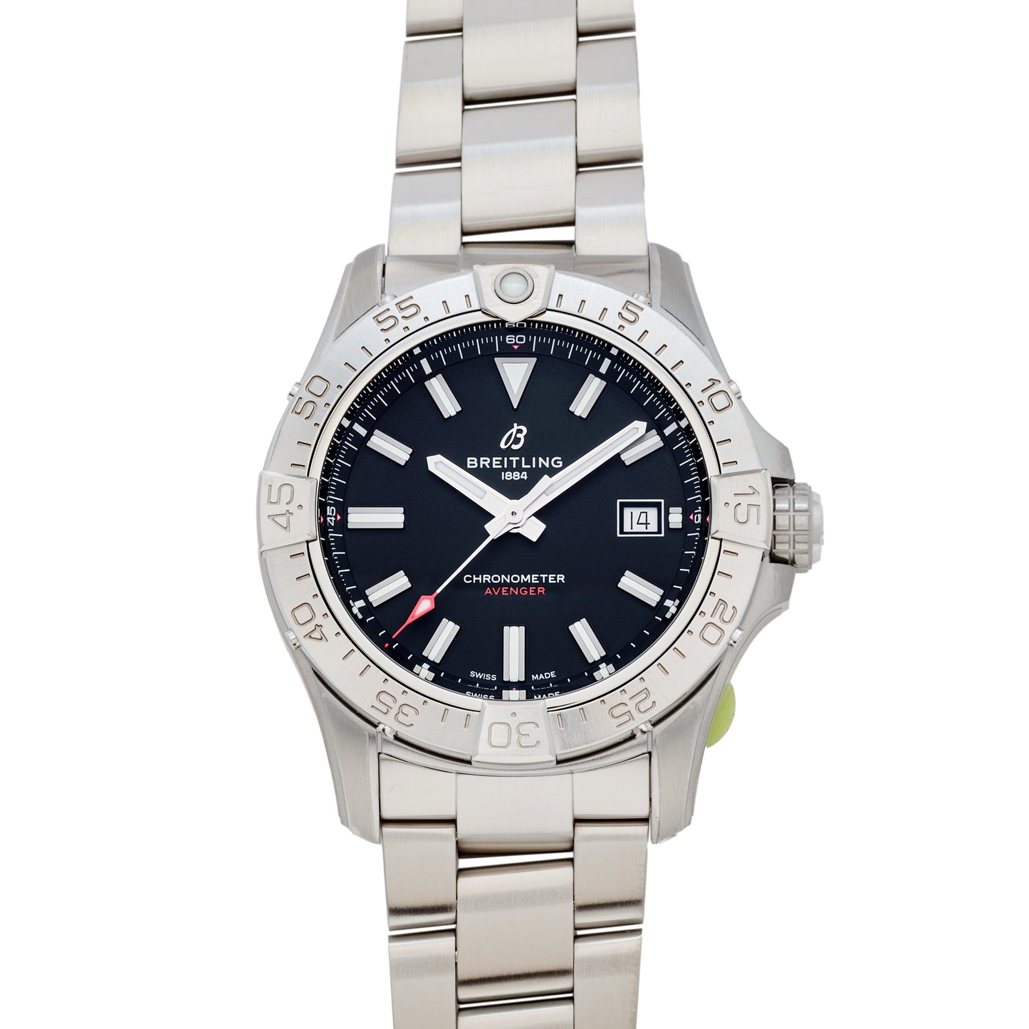 The Breitling Avenger Automatic 42 is a stainless steel aviation watch with a black dial, silver hour markers, date window at 3 o’clock, metal link bracelet, and a bezel featuring precise minute markings for reliable timekeeping.