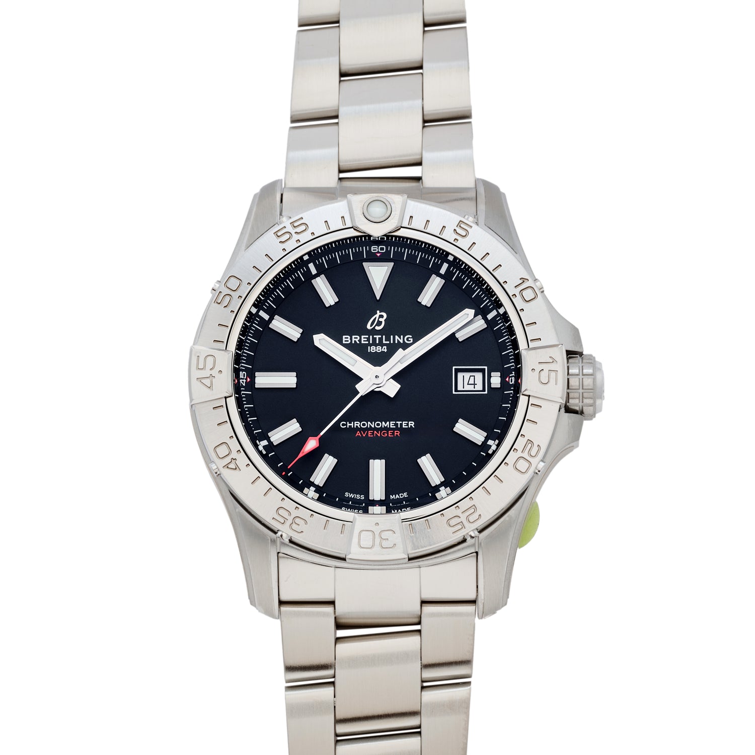 The Breitling Avenger Automatic 42 is a stainless steel aviation watch with a black dial, silver hour markers, date window at 3 o’clock, metal link bracelet, and a bezel featuring precise minute markings for reliable timekeeping.