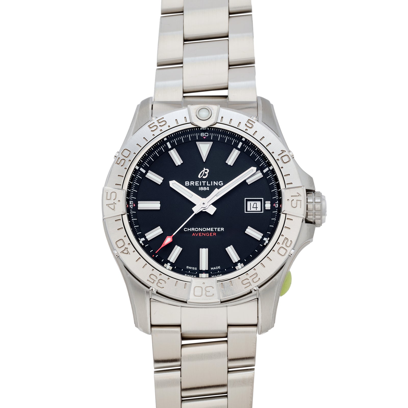 The Breitling Avenger Automatic 42 is a stainless steel aviation watch with a black dial, silver hour markers, date window at 3 o’clock, metal link bracelet, and a bezel featuring precise minute markings for reliable timekeeping.