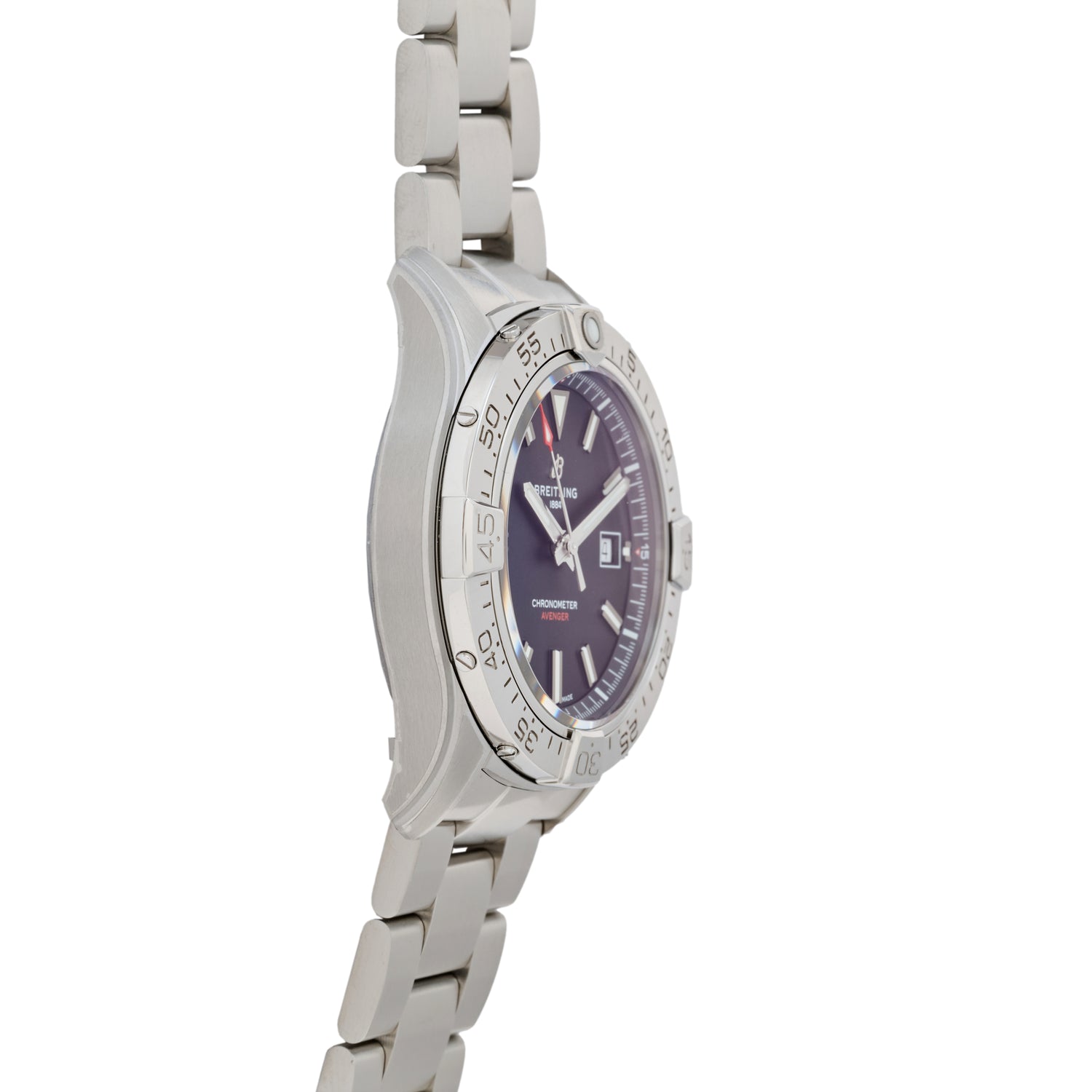 A close-up side view of the Breitling Avenger Automatic 42, featuring a metal bracelet, black dial, date window, and silver bezel—an iconic aviation watch by Breitling photographed against a white background.