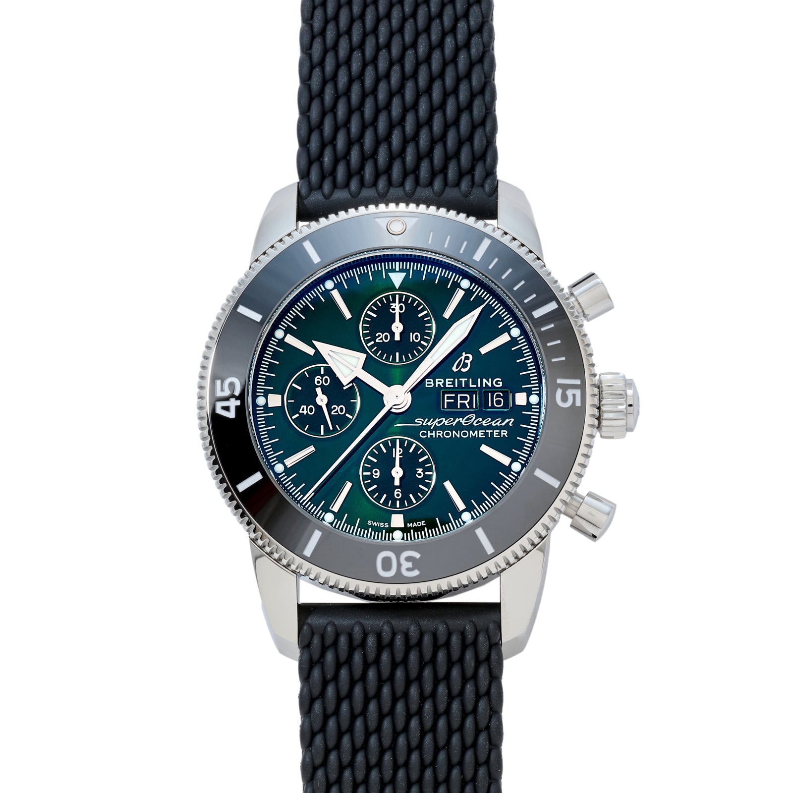 The Breitling SuperOcean Heritage Chronograph 44 features a blue dial with three subdials, date and day windows, a black textured strap, and a silver bezel with white minute markers—showcasing the brand's classic dive watch style.