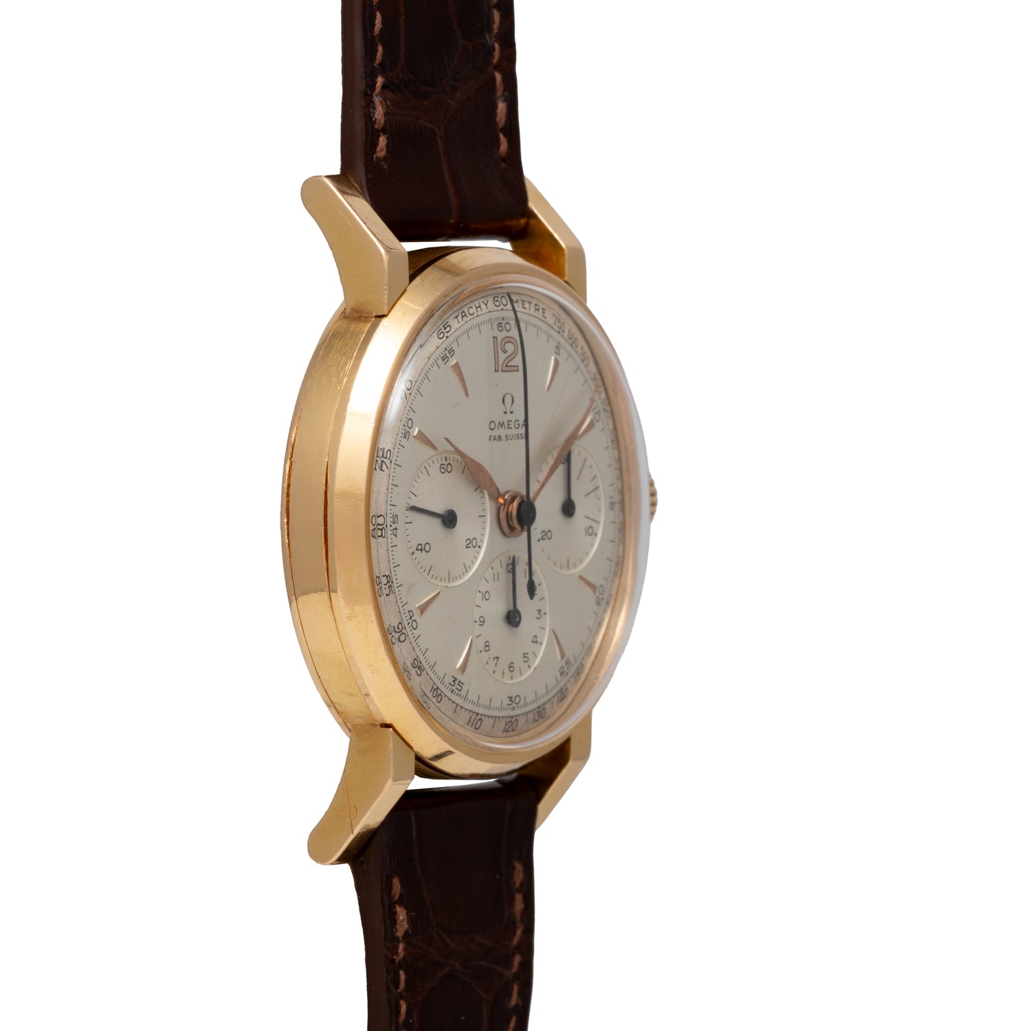 An Omega French Market Chronograph 'Calibre 321' wristwatch with a gold case, round white dial, three subdials, black hour markers, and a brown leather strap; features the legendary chronograph movement.
