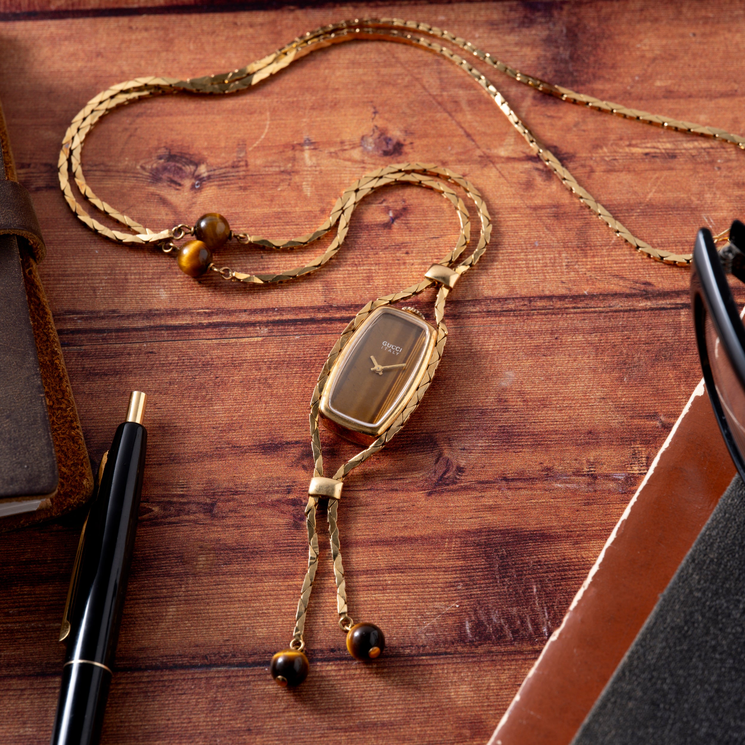 Gucci Tiger's Eye Sautoir Timepiece Necklace – Analog:Shift