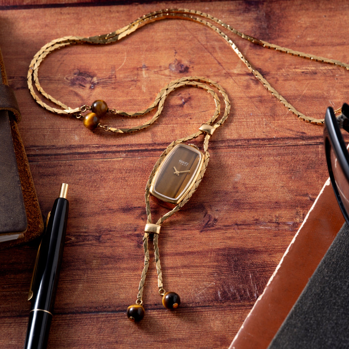Gucci Tiger's Eye Sautoir Timepiece Necklace