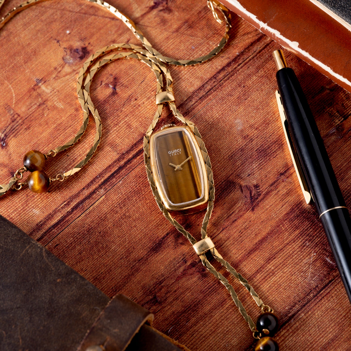 Gucci Tiger's Eye Sautoir Timepiece Necklace